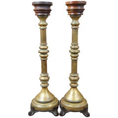 Monumental European Iron and Turned Wood Altar Candlesticks Candleholder Pair