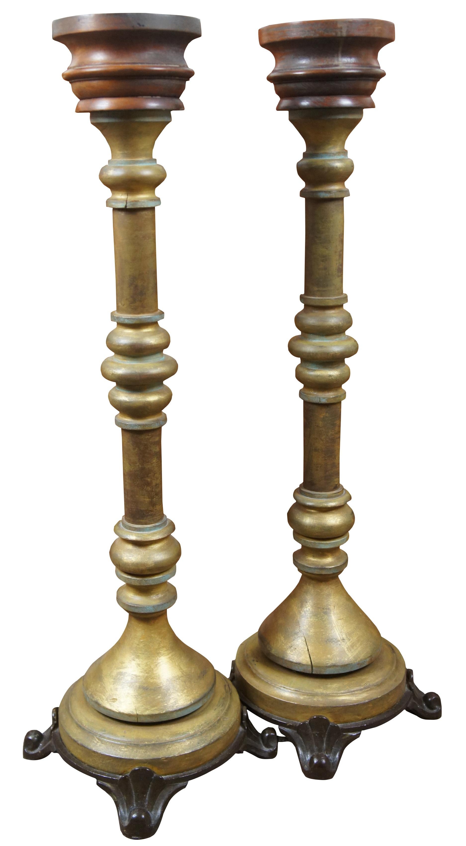 Monumental European Iron and Turned Wood Altar Candlesticks Candleholder Pair In Good Condition In Dayton, OH
