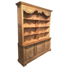 Monumental European Two Part Pine Bookcase / Hutch with Foliate Carved Crest