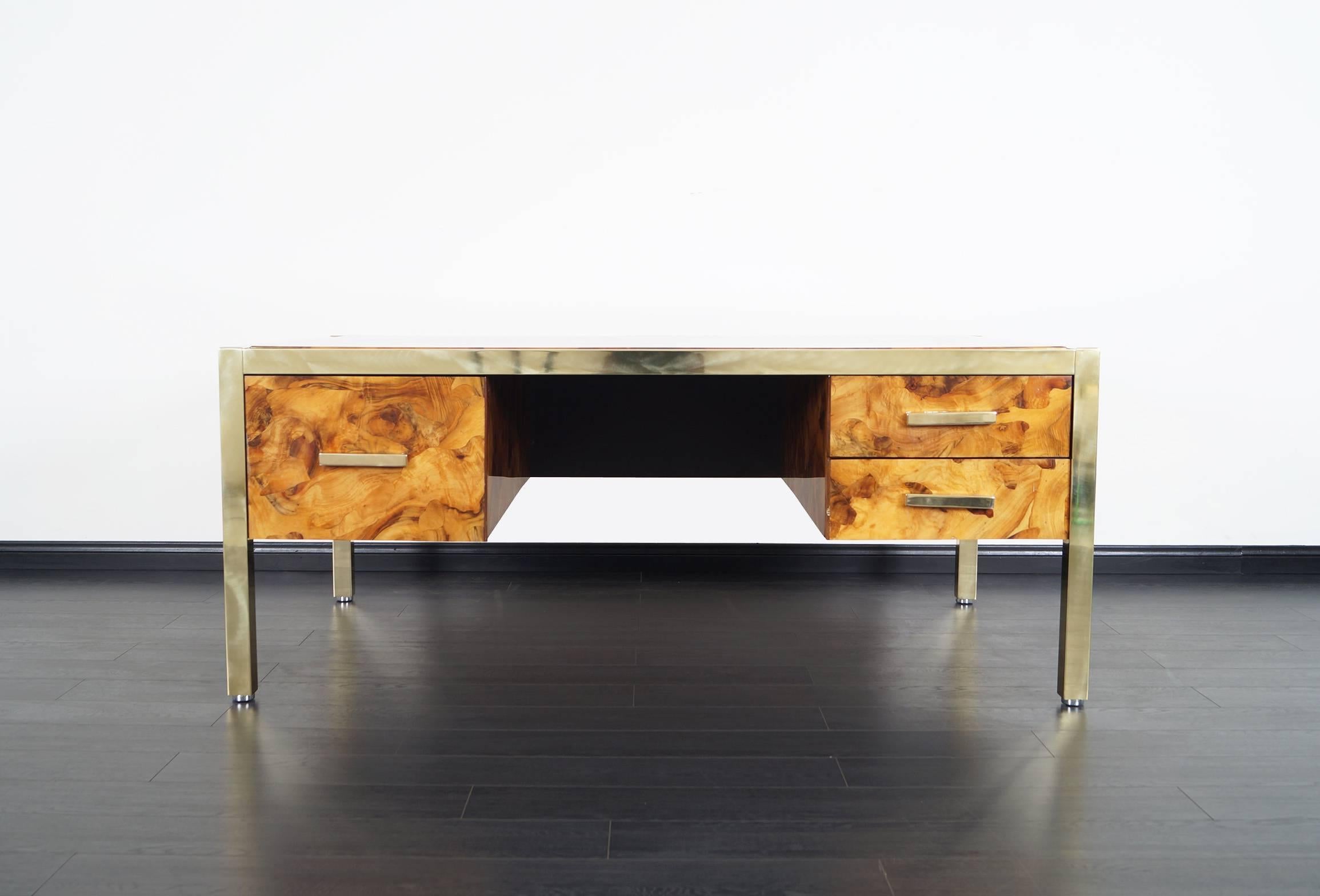 Monumental executive burl wood desk designed by Pace Collection. This desk is just stunning! Top quality craftsmanship.