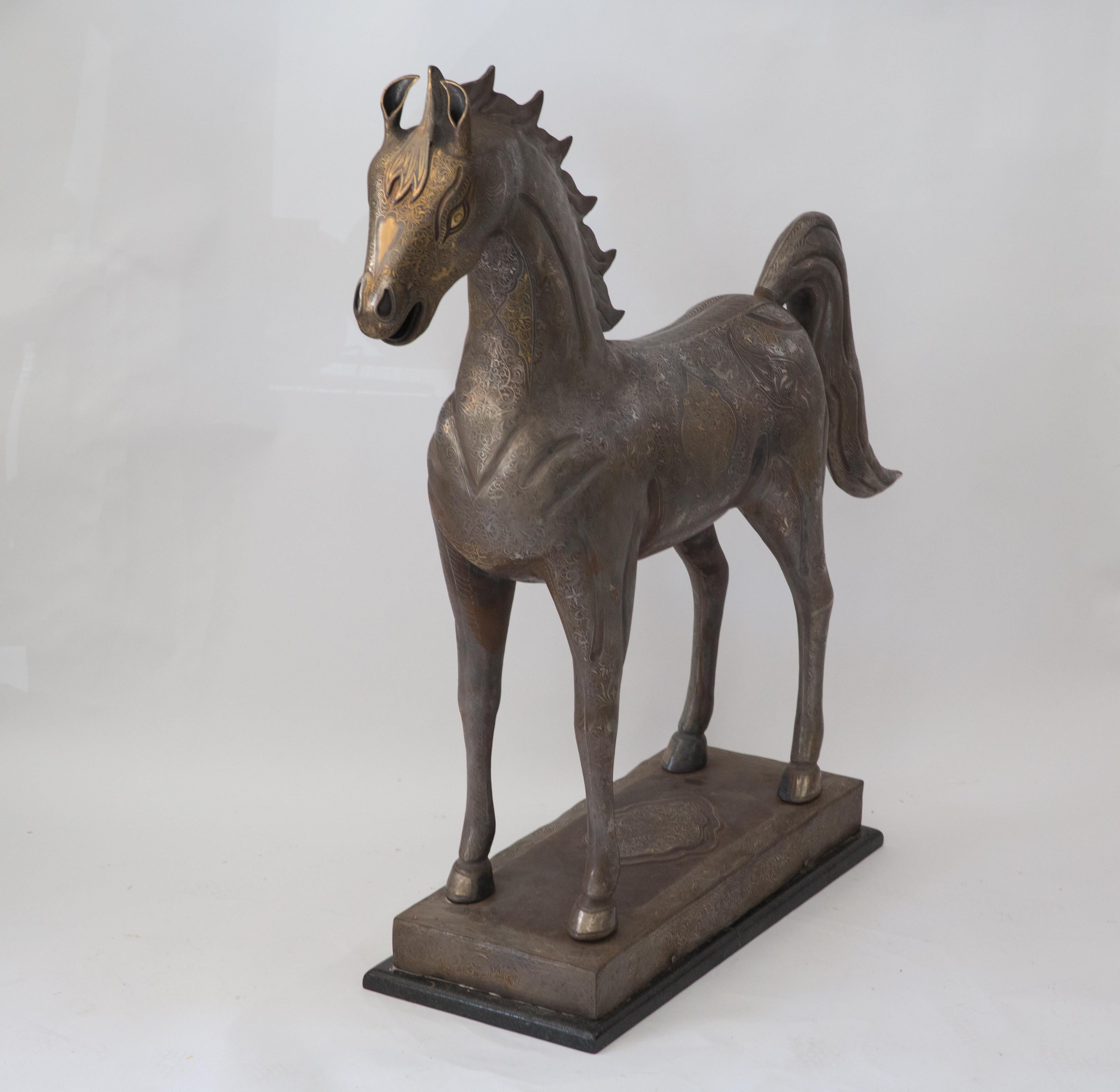 19th Century Monumental Exhibition Damascene Real Gold and Silver Inlaid Horse Sculpture