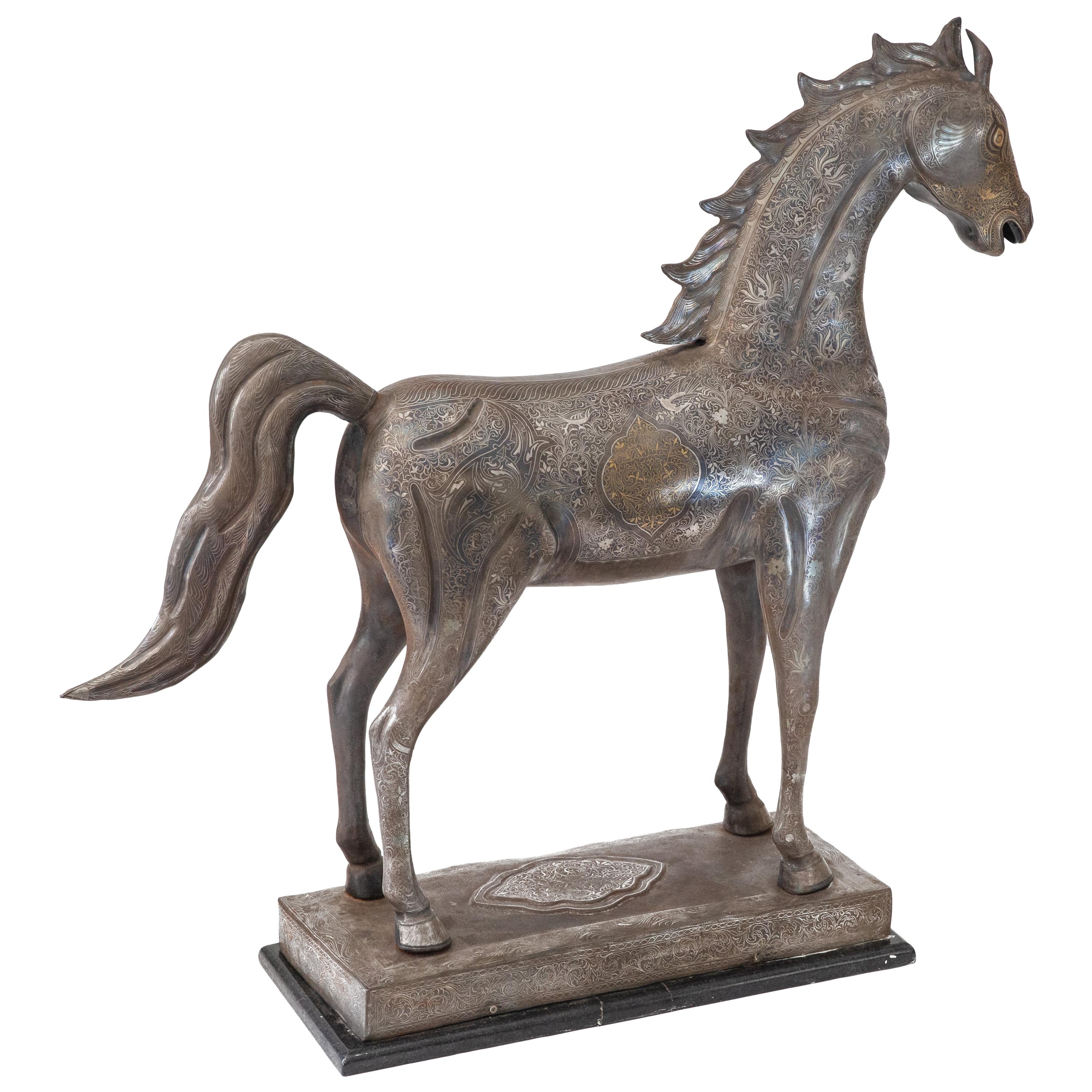 Monumental Exhibition Damascene Real Gold and Silver Inlaid Horse Sculpture