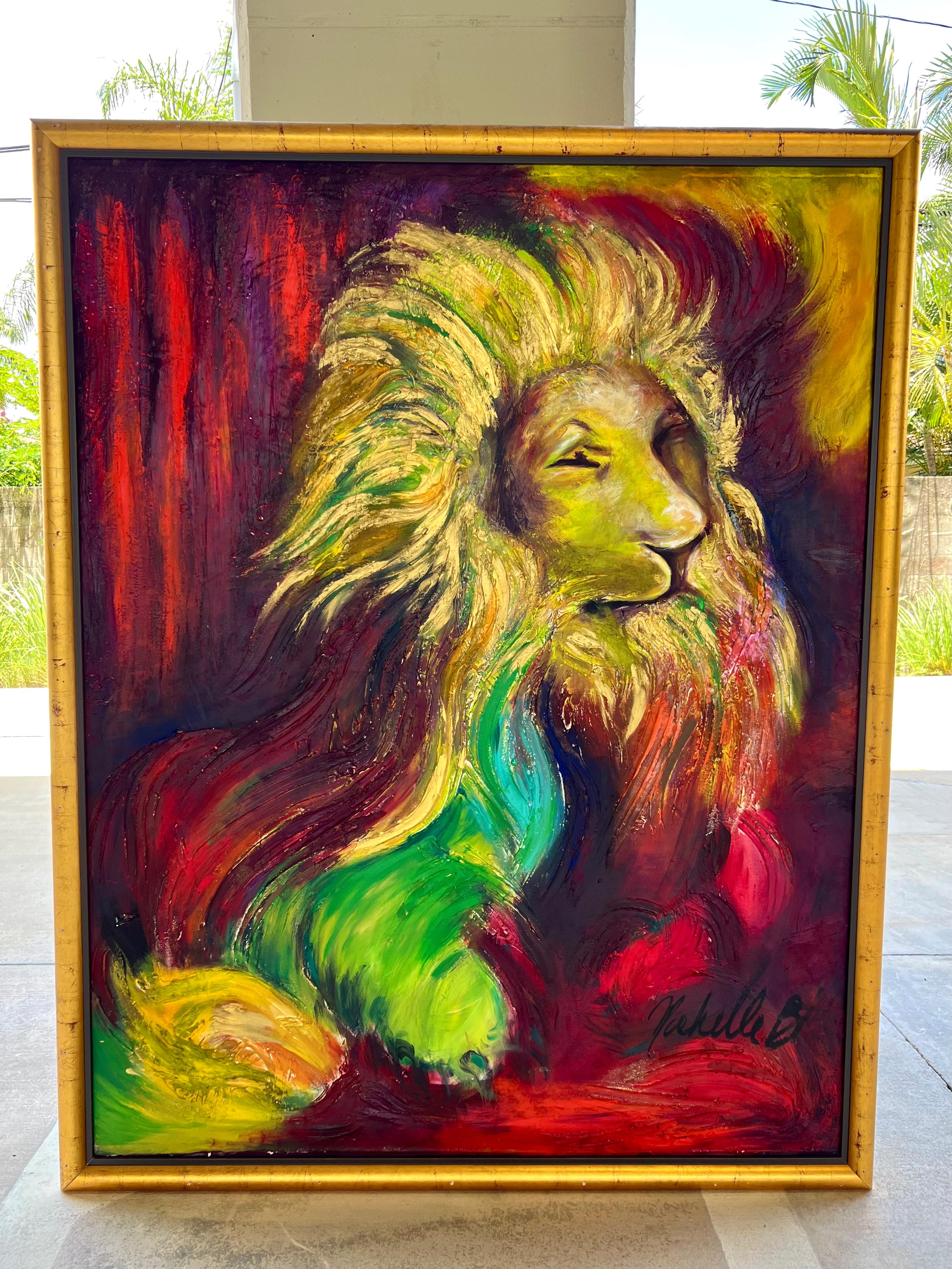 Expressionistisches Gemälde des Löwen von Michelle Betancourt  Mixed Media 60 Zoll x 60 Zoll im Angebot 6