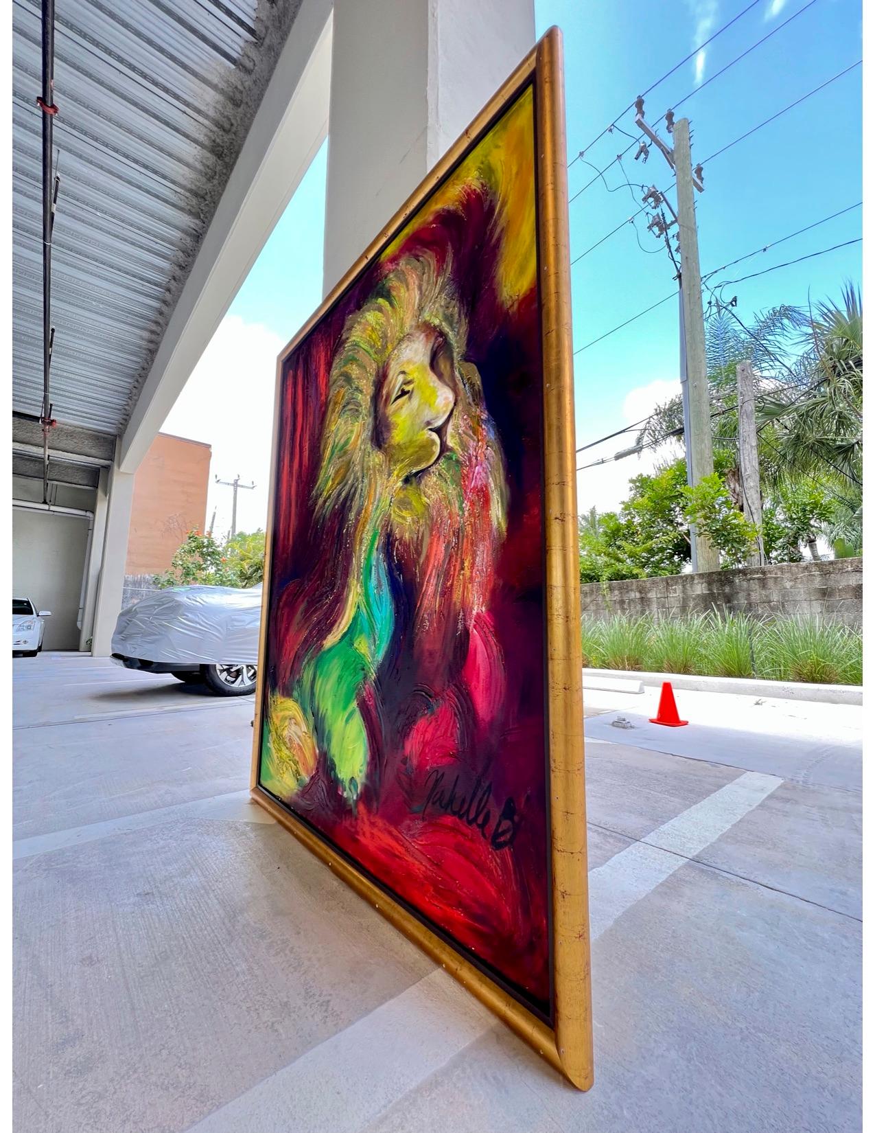 Hand-Crafted Expressionist Painting of Lion by Michelle Betancourt,  Mixed Media 60