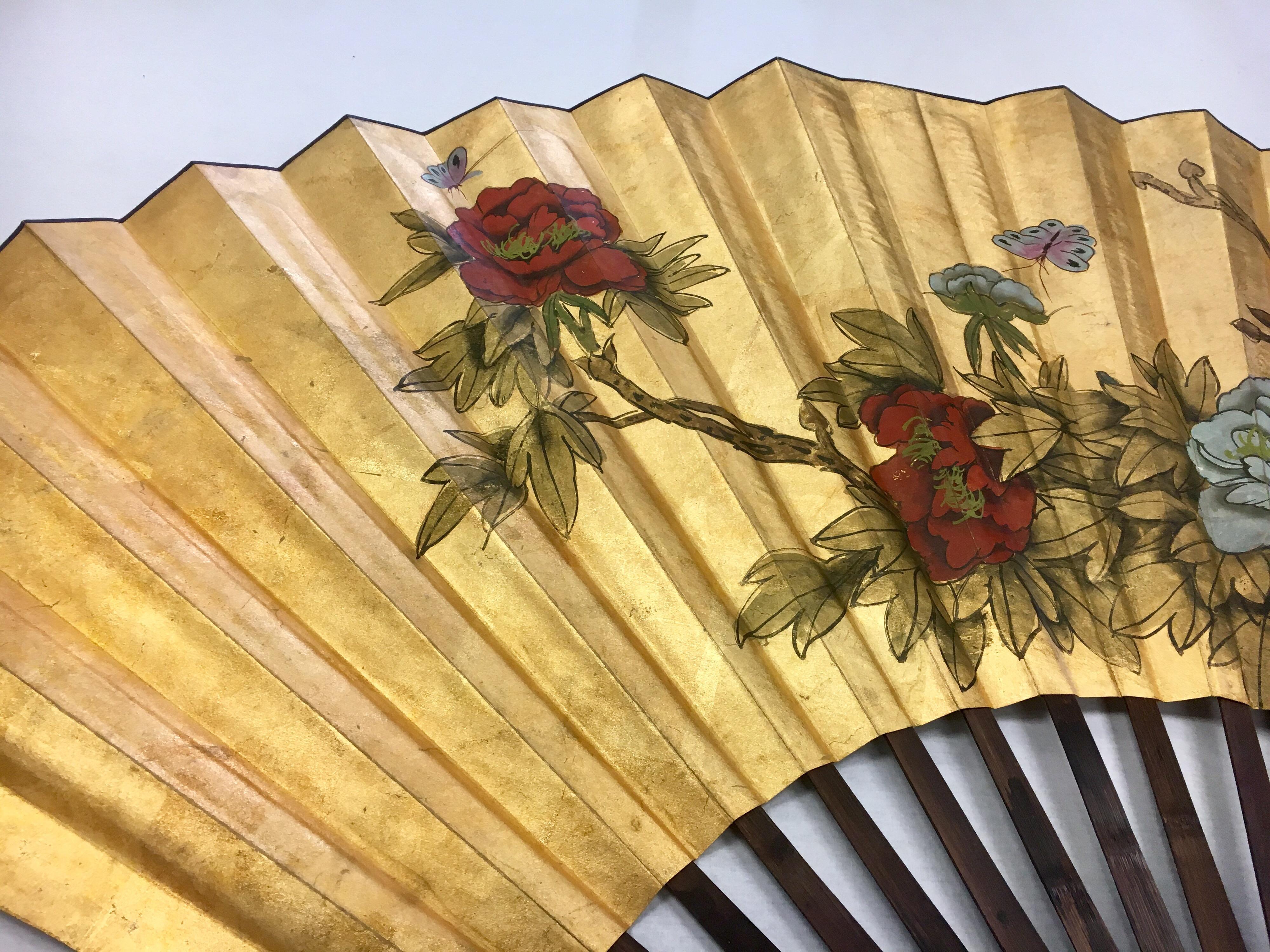 Monumental Extra Large Asian Chinese Gilt Hand Painted Folding Fan Art 2