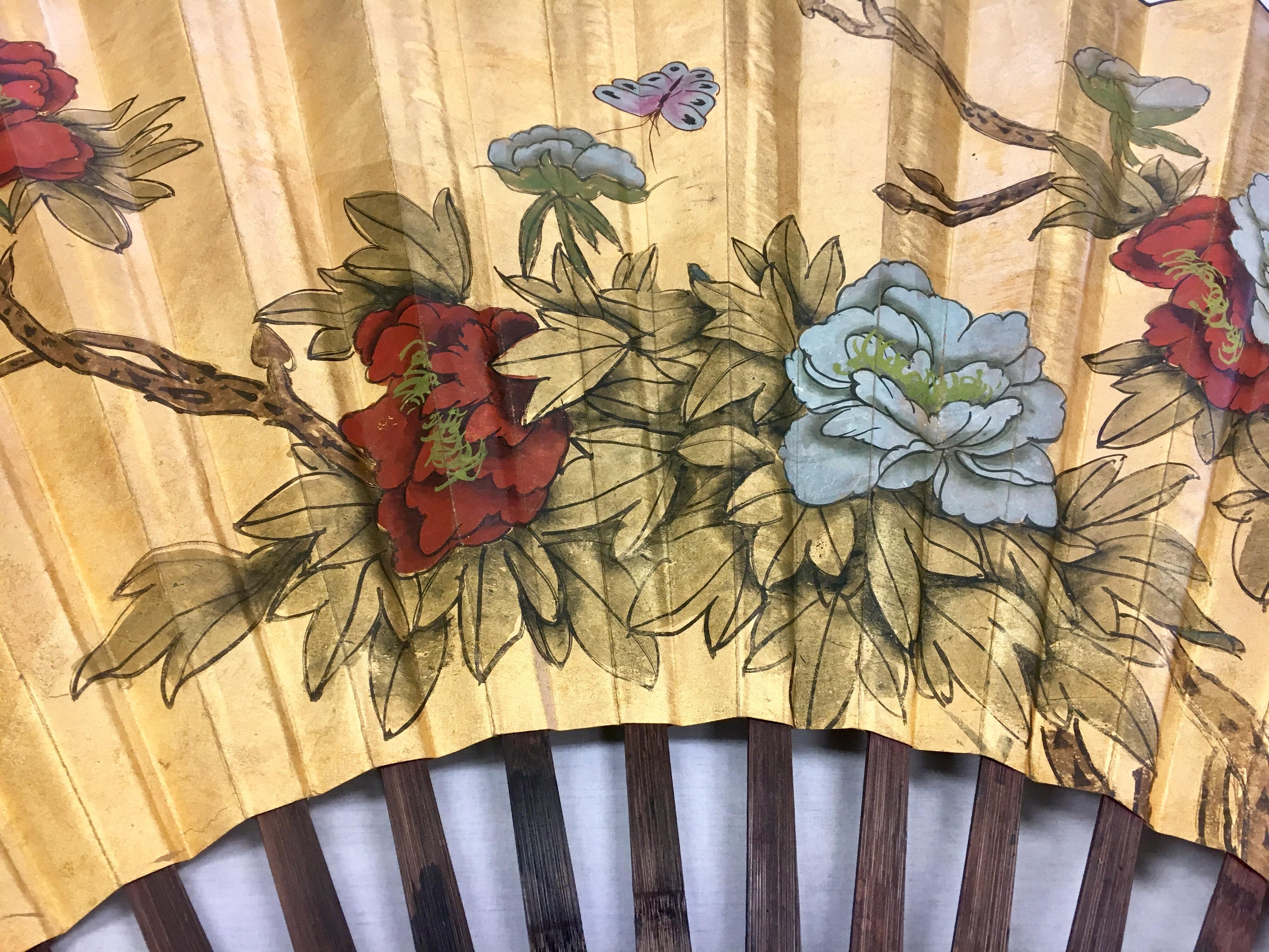 Monumental Extra Large Asian Chinese Gilt Hand Painted Folding Fan Art 3