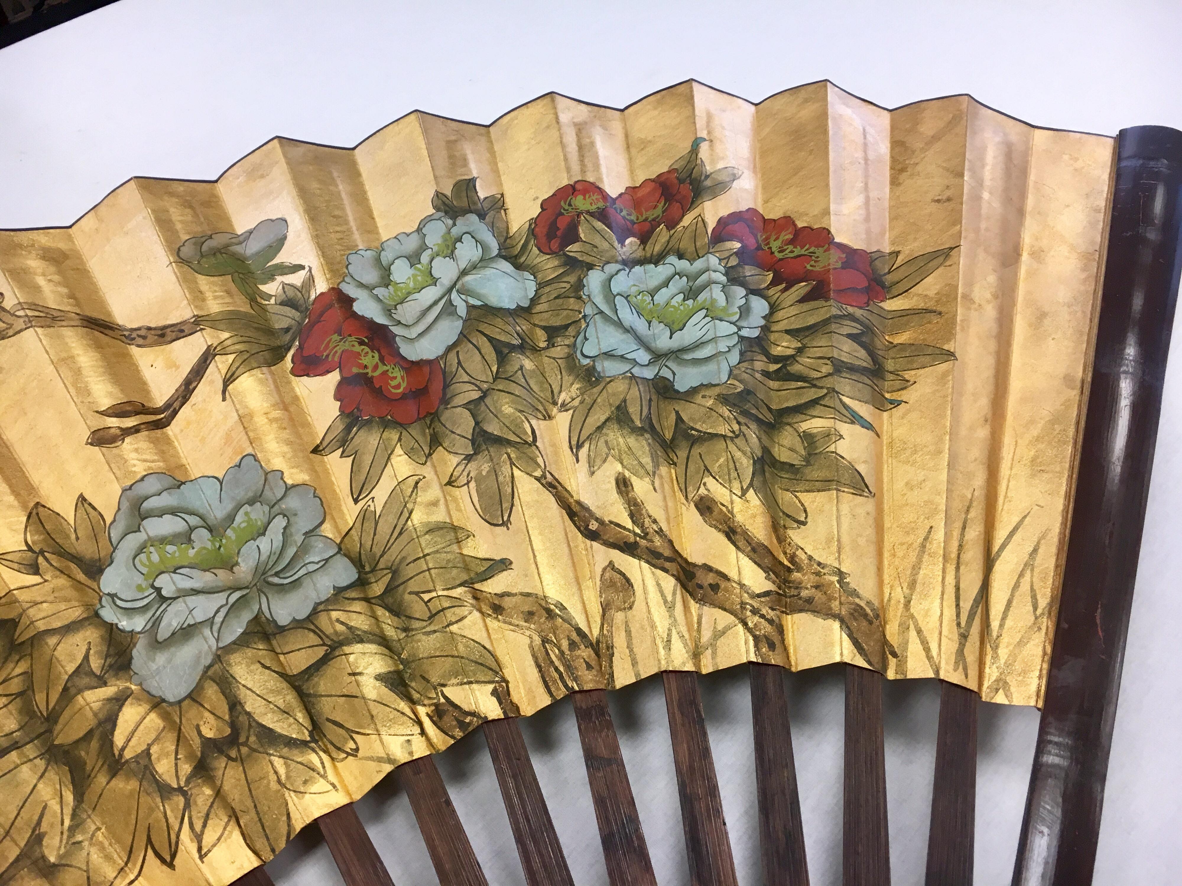 Gold Leaf Monumental Extra Large Asian Chinese Gilt Hand Painted Folding Fan Art