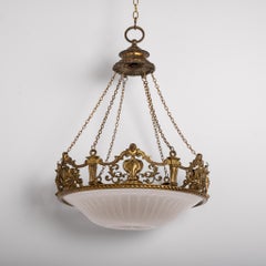 Monumental F. & C. Osler Satin Cut Crystal Plafonnier in Cast Bronze Crown Ring
