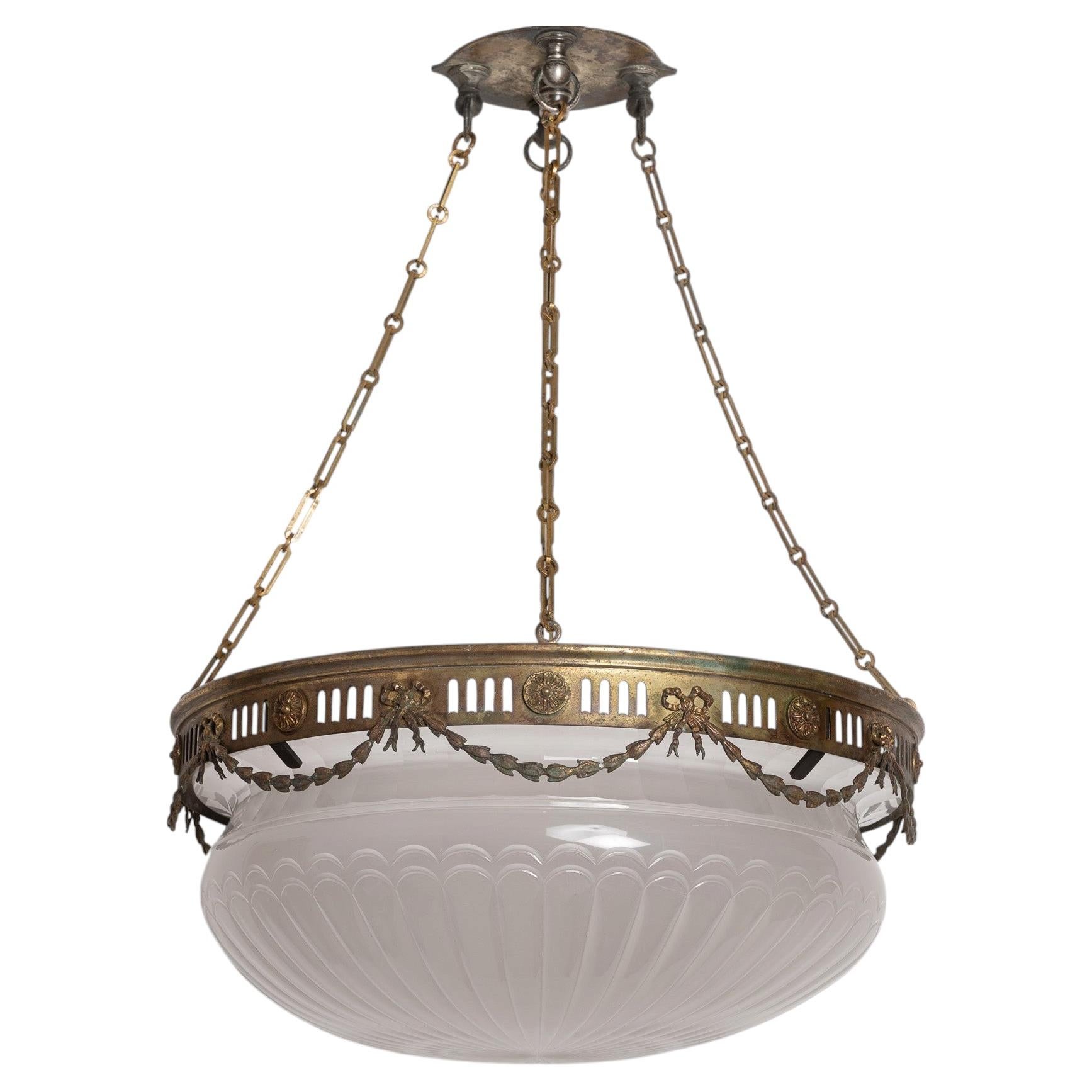 Monumental F. & C. Osler Satin Cut Crystal Plafonnier with Gilt Bronze Gallery