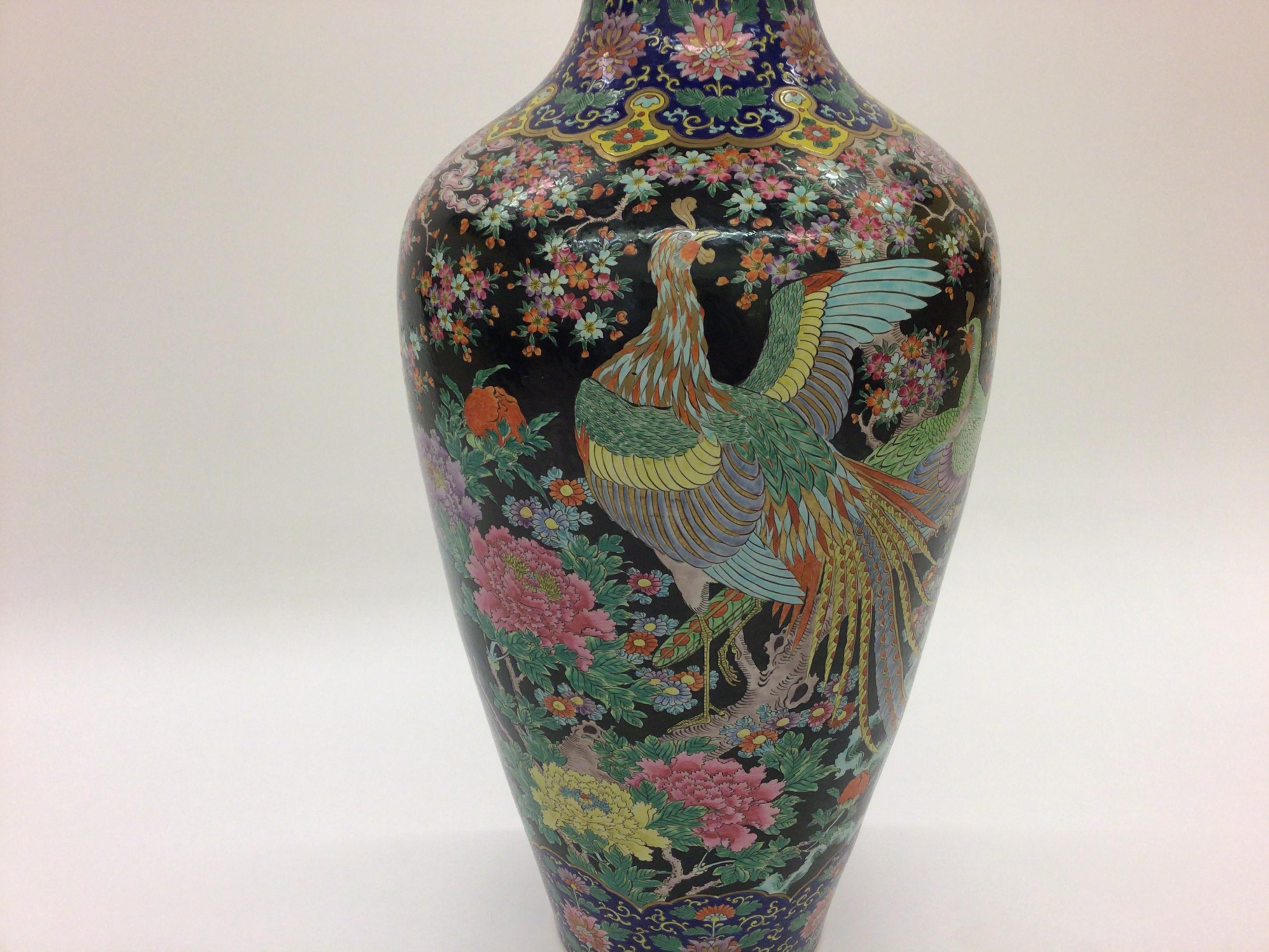 Amazing Estate find very large Chinese Famille Noire Bird and Flower vase or urn. This piece is monumental in size with extremely vibrant hand painted decoration. We are dating the piece to around 1900 but is could be earlier. The vase is signed on