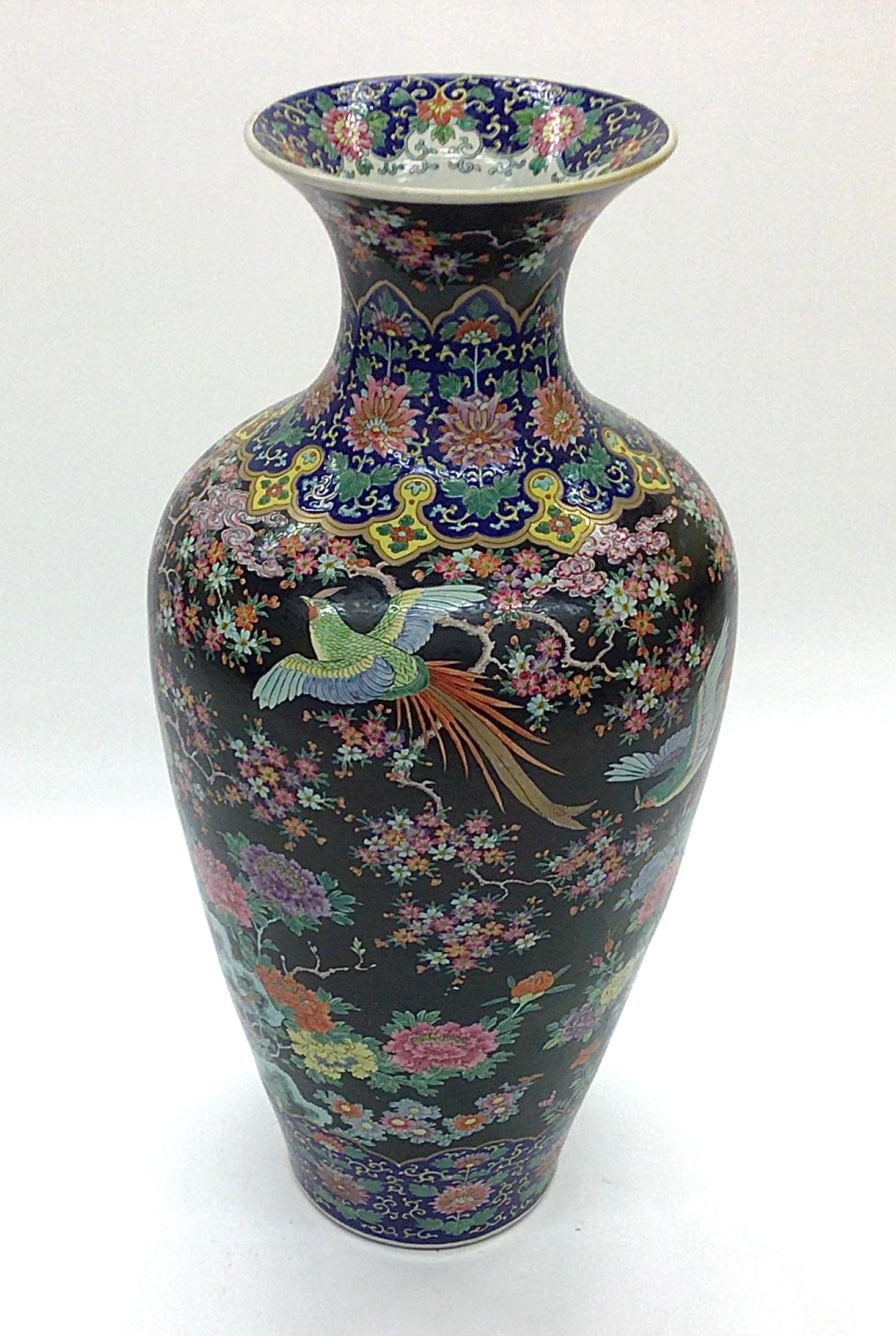 Monumental Famille Noire Bird and Flower Floor or Palace Vase Urn  In Good Condition In Ann Arbor, MI