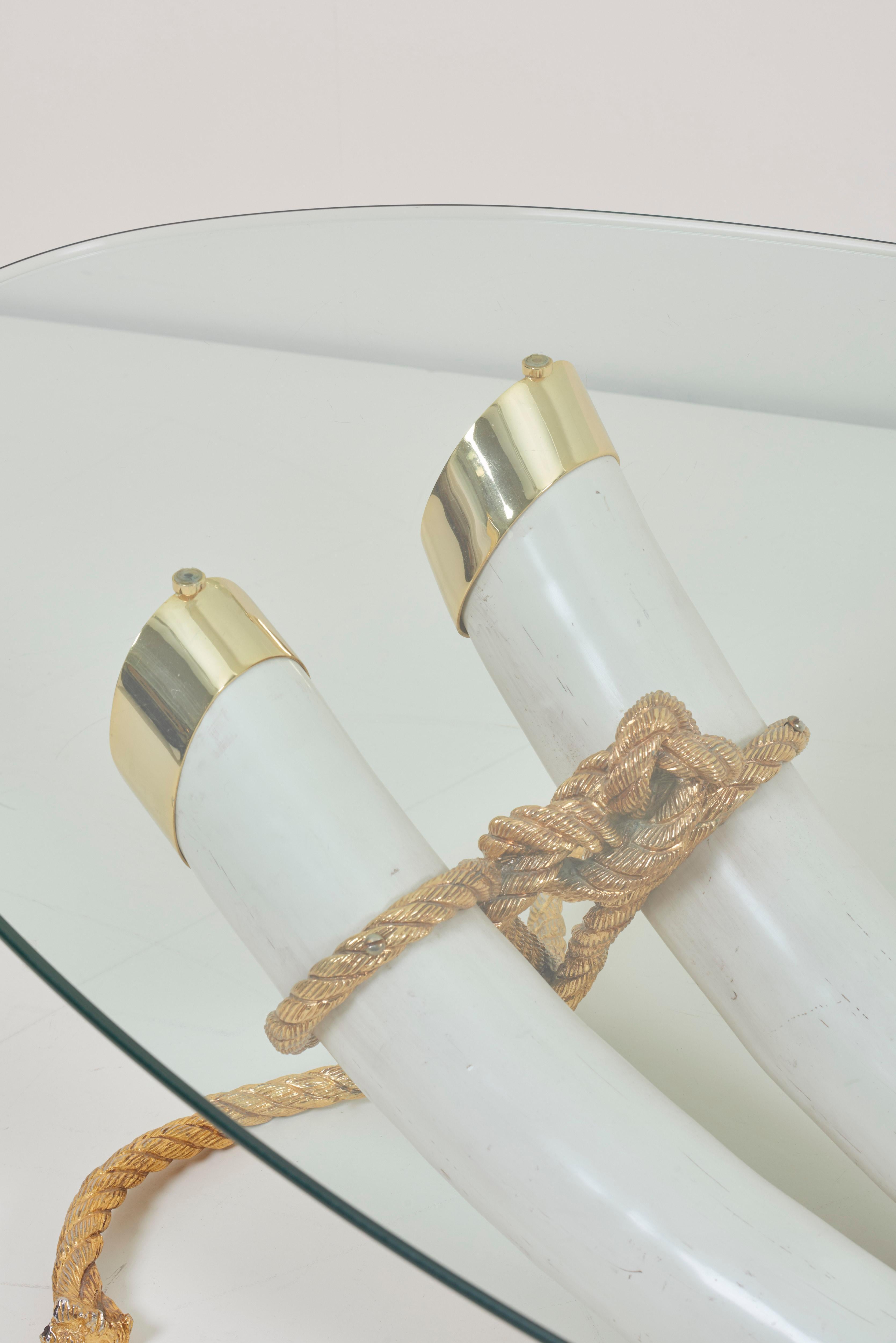 Brass Monumental Faux Elephant Tusk Coffee Table Attributed to Maison Jansen