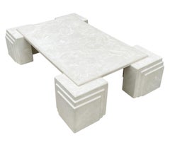 Monumental Faux White Pearl Marble Rectangular Cocktail Table in Art Deco Form