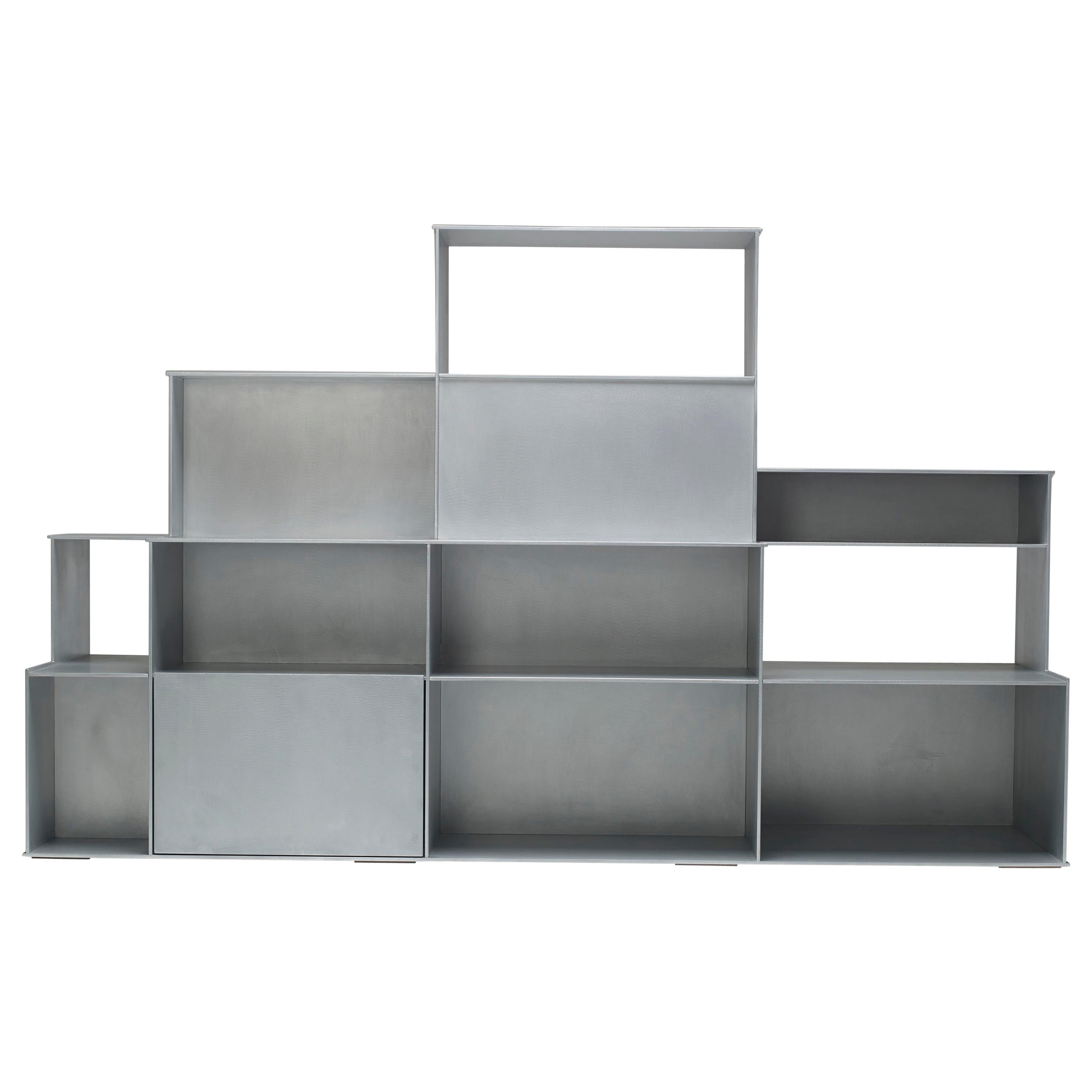 Fifty/50 floor shelf initially produced and named for the collector and legendary Mid-Century Modern dealer Mark McDonald. Designed within the form language of Jonathan's system, golden variations. Produced of 36 welded and interlocking quarter-inch