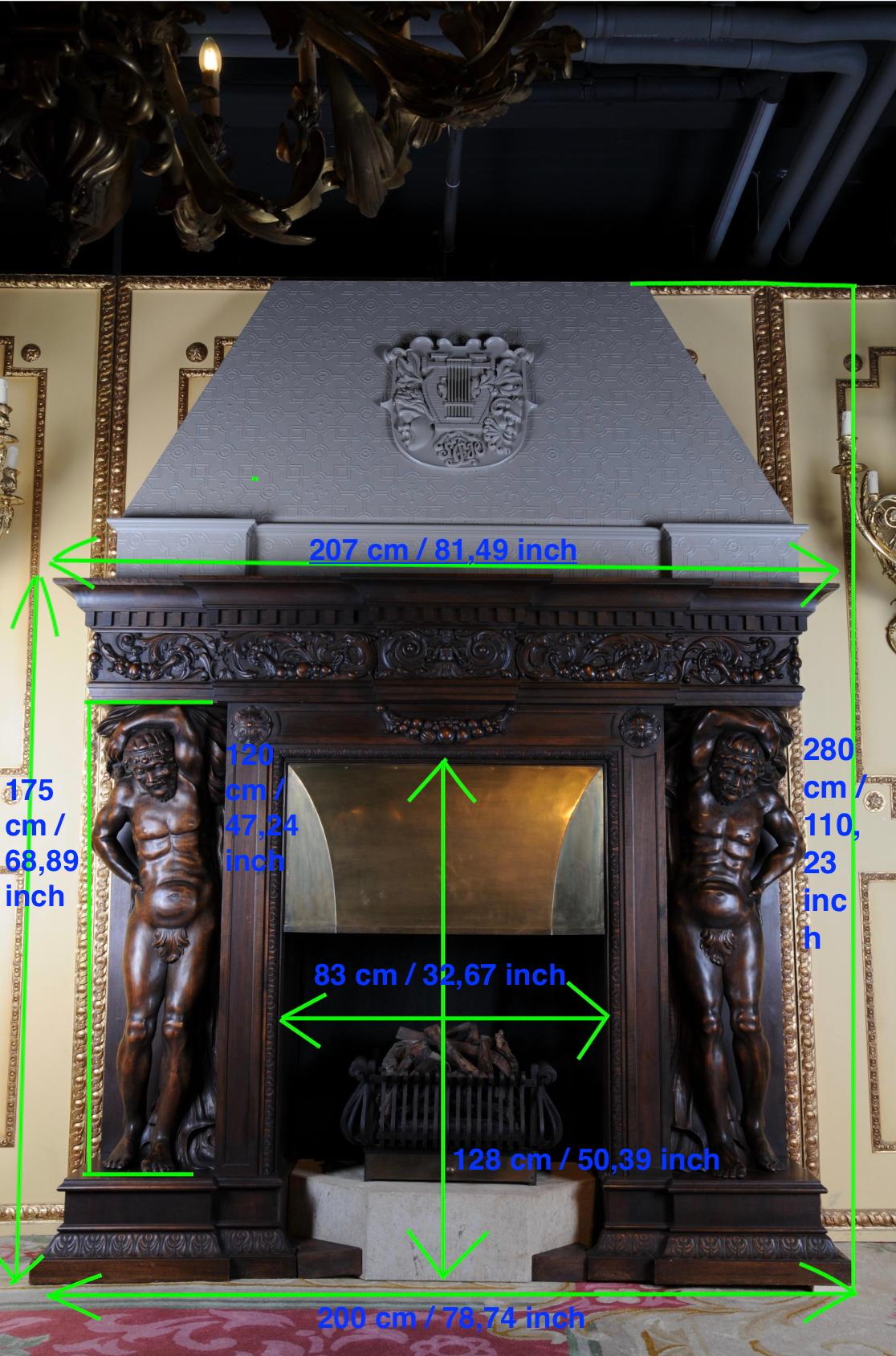 Monumental figures fireplace Neo-Renaissance 19th century walnut -hight 111 inch.

Solid walnut body flanked by a fully plastic male figures / atlases in the finest carving. Finely carved cornice with classical ornaments, a hanging garland in the
