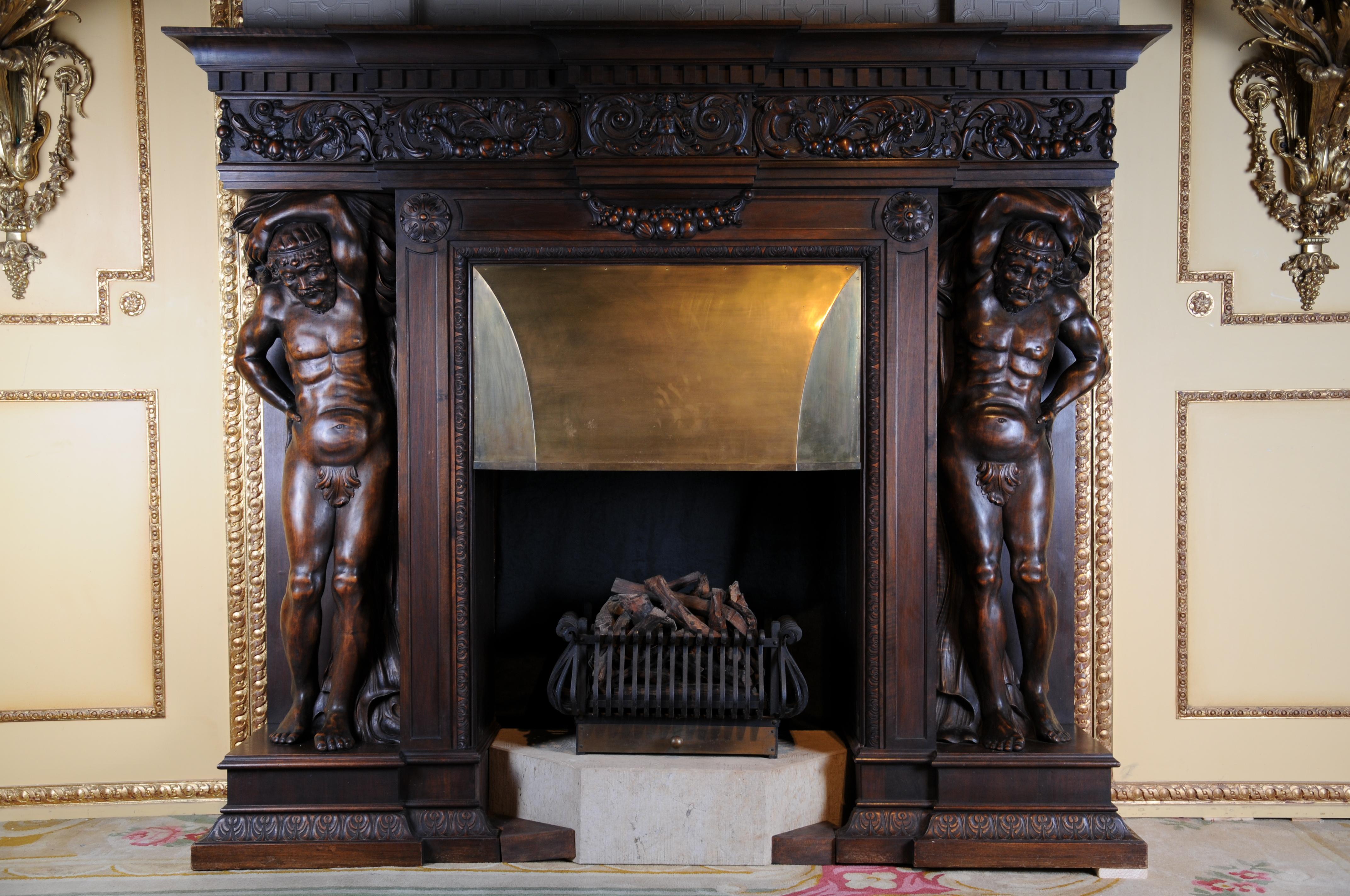 Renaissance Revival Monumental Figures Fireplace Neo-Renaissance 19th Century Walnut For Sale