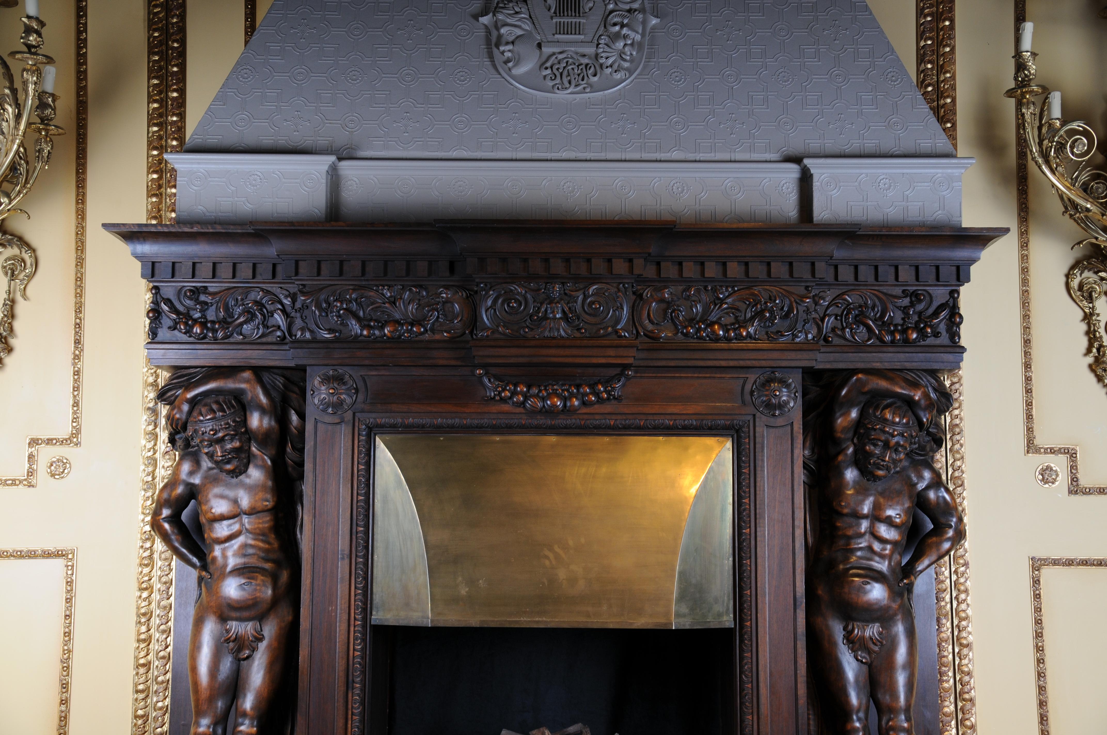 Hand-Carved Monumental Figures Fireplace Neo-Renaissance 19th Century Walnut For Sale