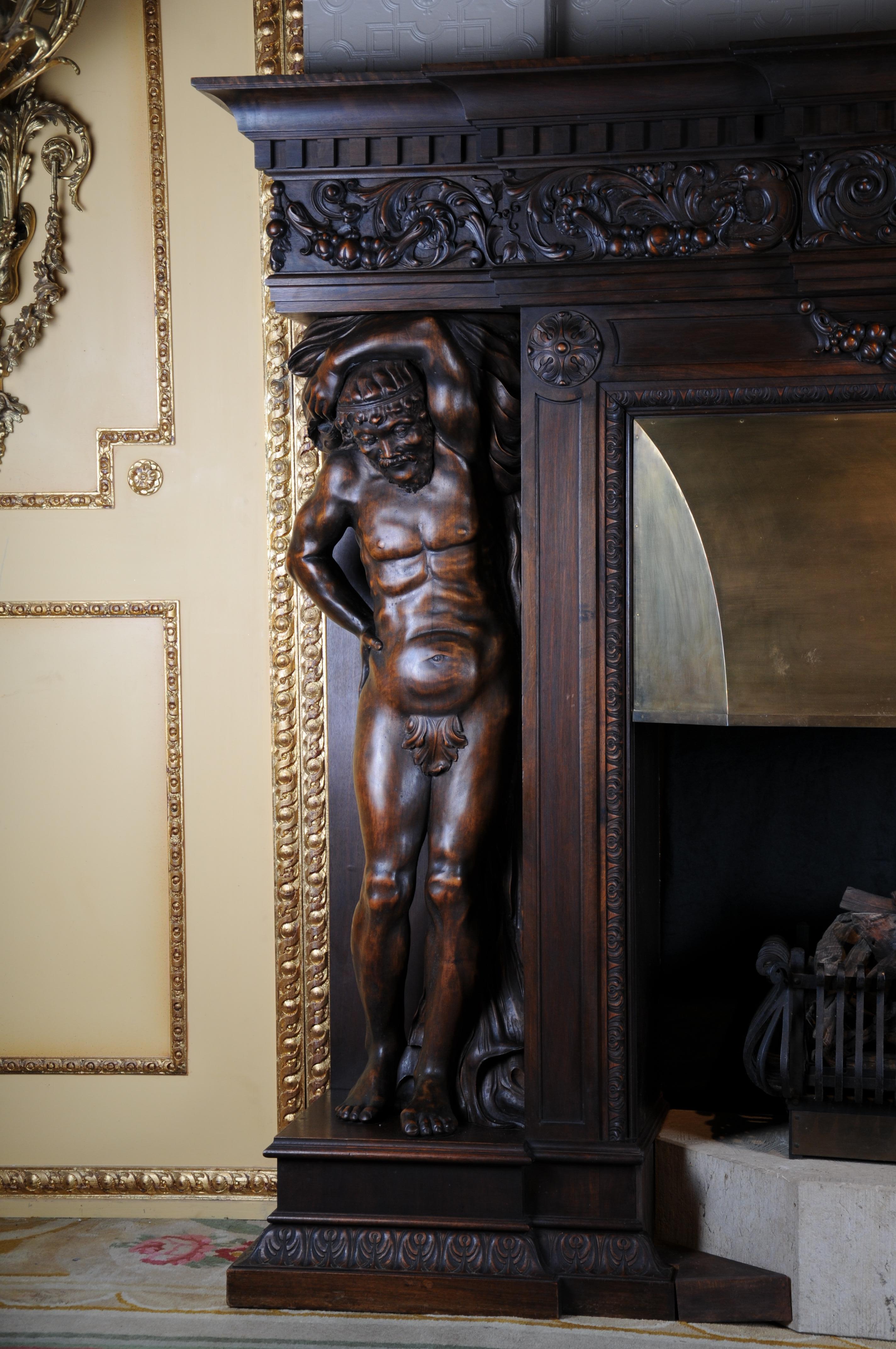 Brass Monumental Figures Fireplace Neo-Renaissance 19th Century Walnut For Sale