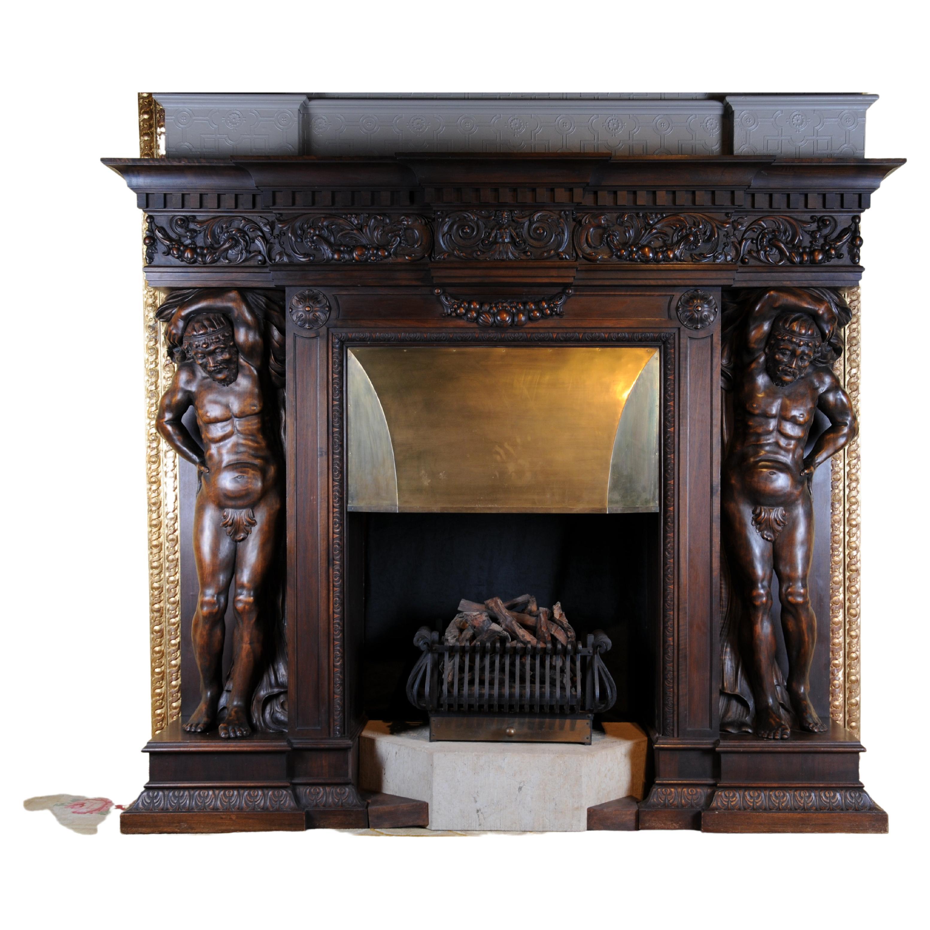 Monumental Figures Fireplace Neo-Renaissance 19th Century Walnut For Sale