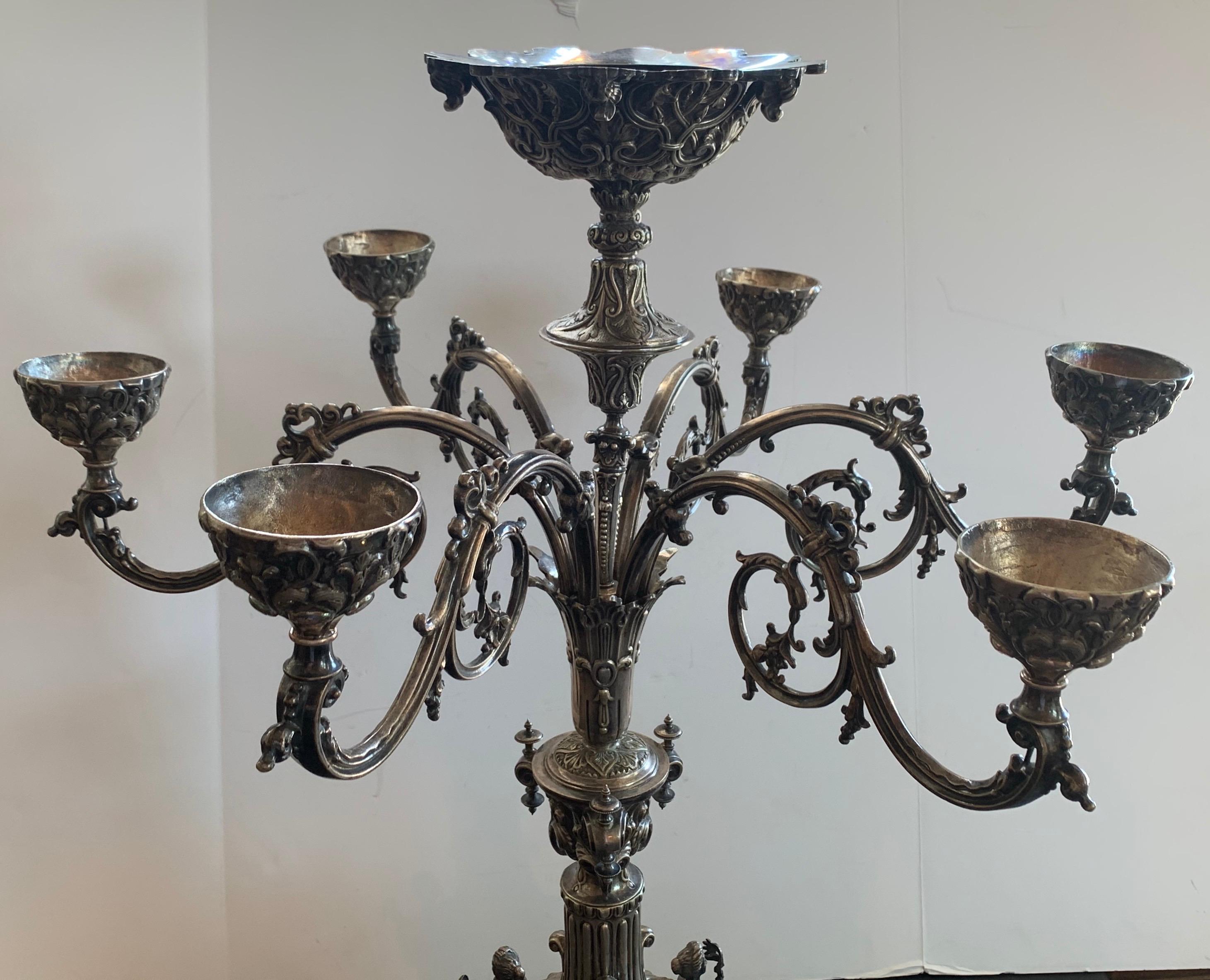 Monumental Fine Neoclassical 3 Figure English Silver Plated Epergne Candelabra In Good Condition In Roslyn, NY