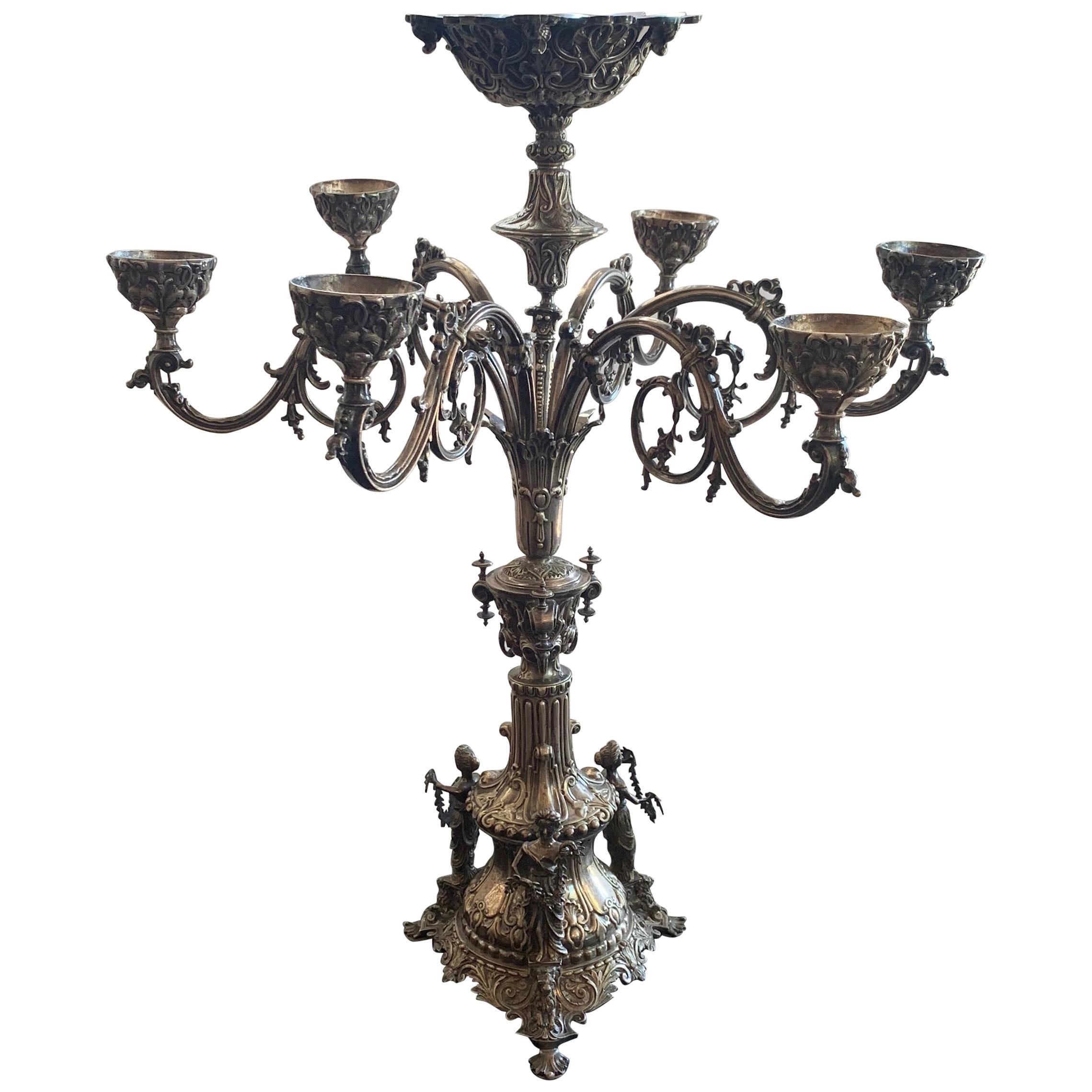 Monumental Fine Neoclassical 3 Figure English Silver Plated Epergne Candelabra