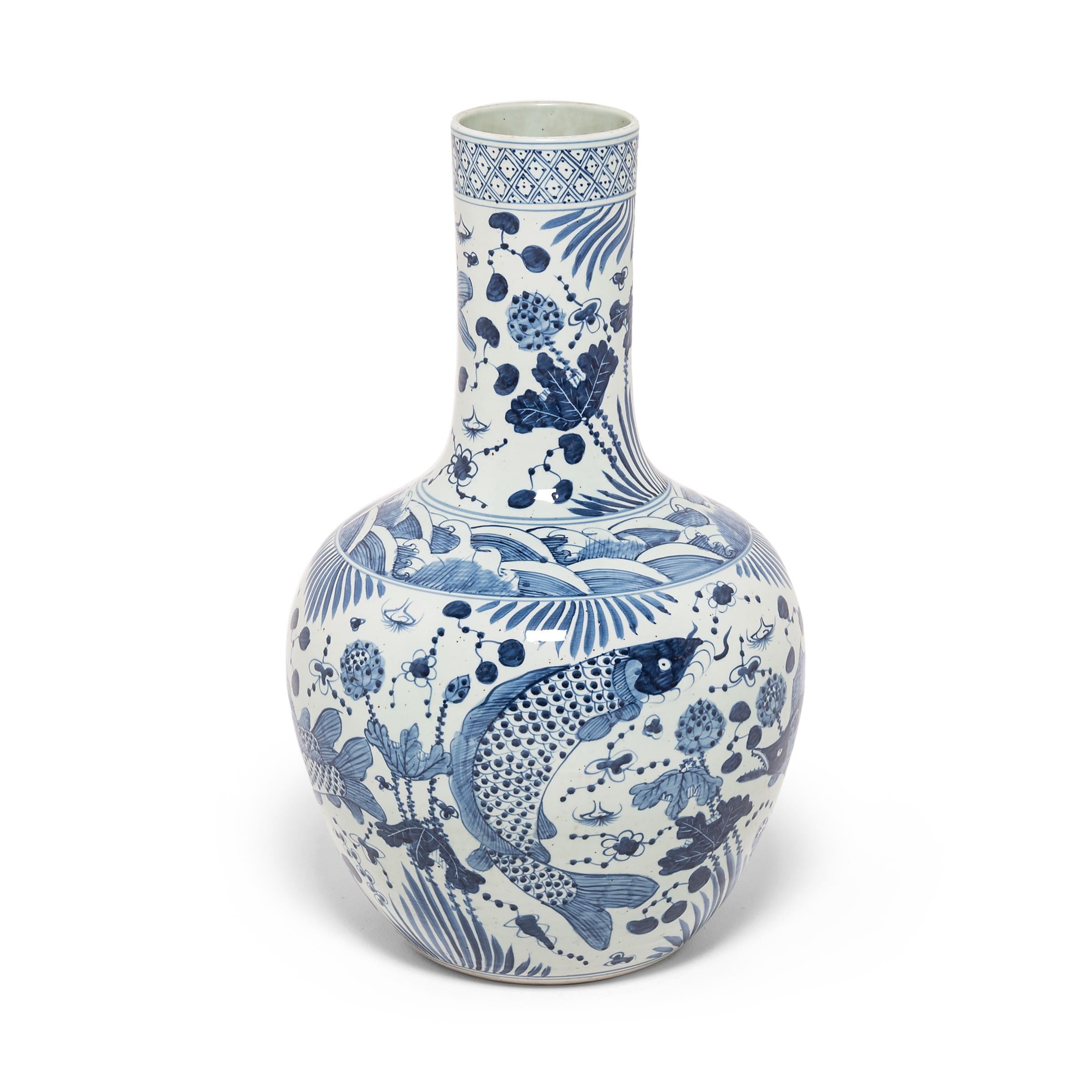 Chinese Export Monumental Fish and Flora Blue and White Gooseneck Vase For Sale