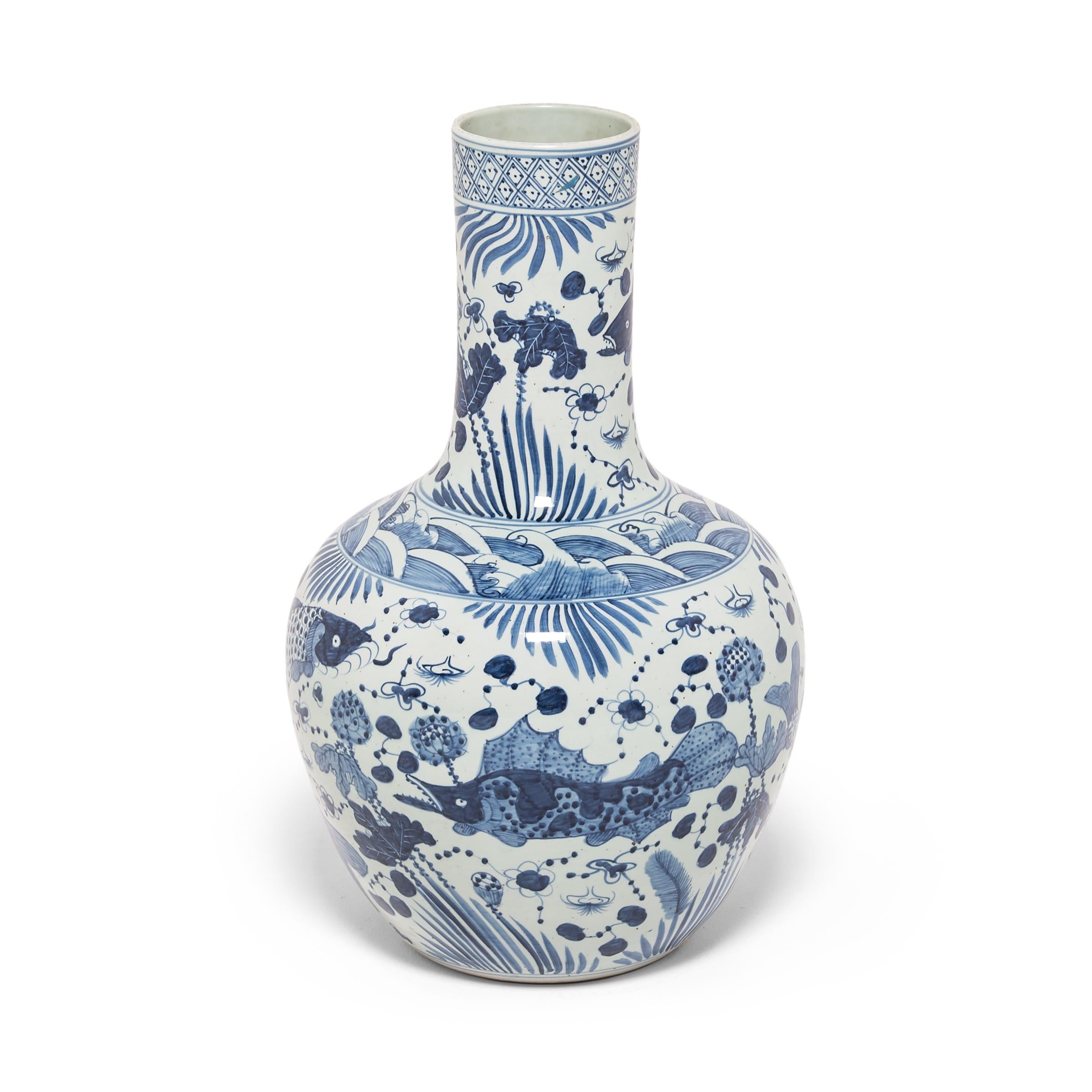 Chinese Monumental Fish and Flora Blue and White Gooseneck Vase For Sale