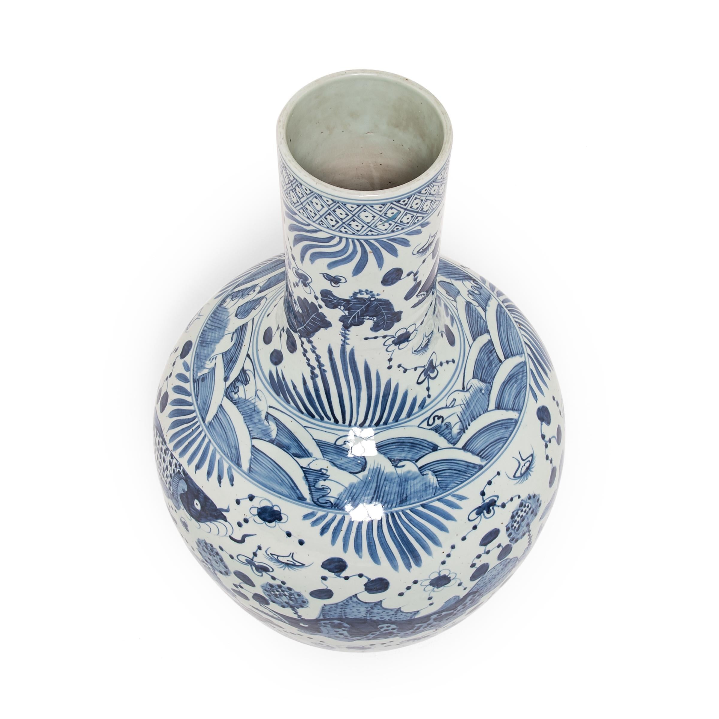 Glazed Monumental Fish and Flora Blue and White Gooseneck Vase For Sale