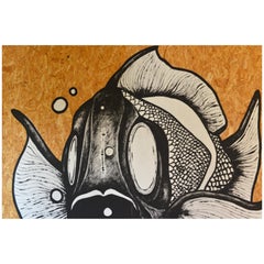 Monumental Fish Painting on wood panel with bamboo frame