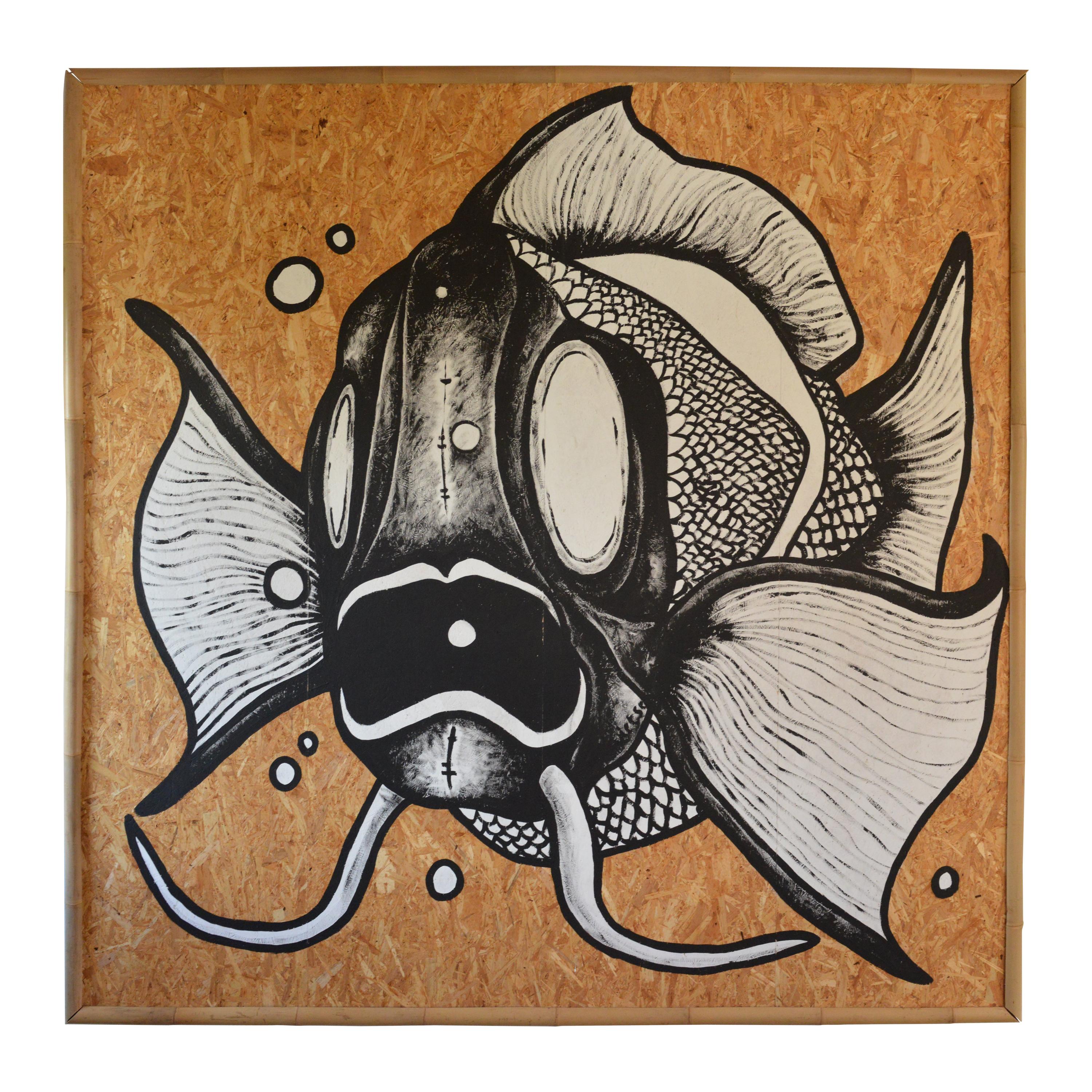 Monumental Fish Painting on wood panel with bamboo frame For Sale
