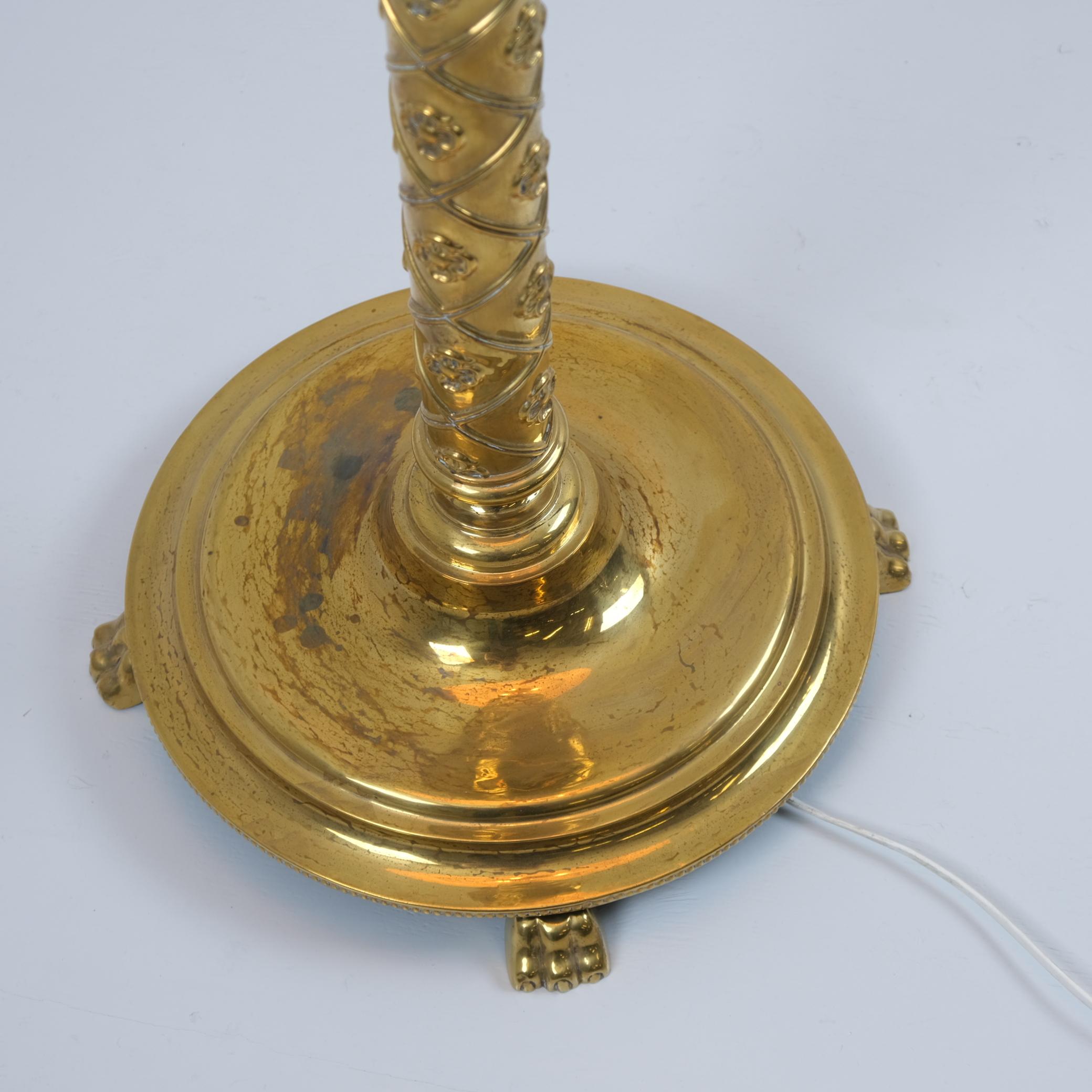 Finnish Monumental Floor Lamp Attributed to Paavo Tynell, Brass and Silver Curly Birch For Sale