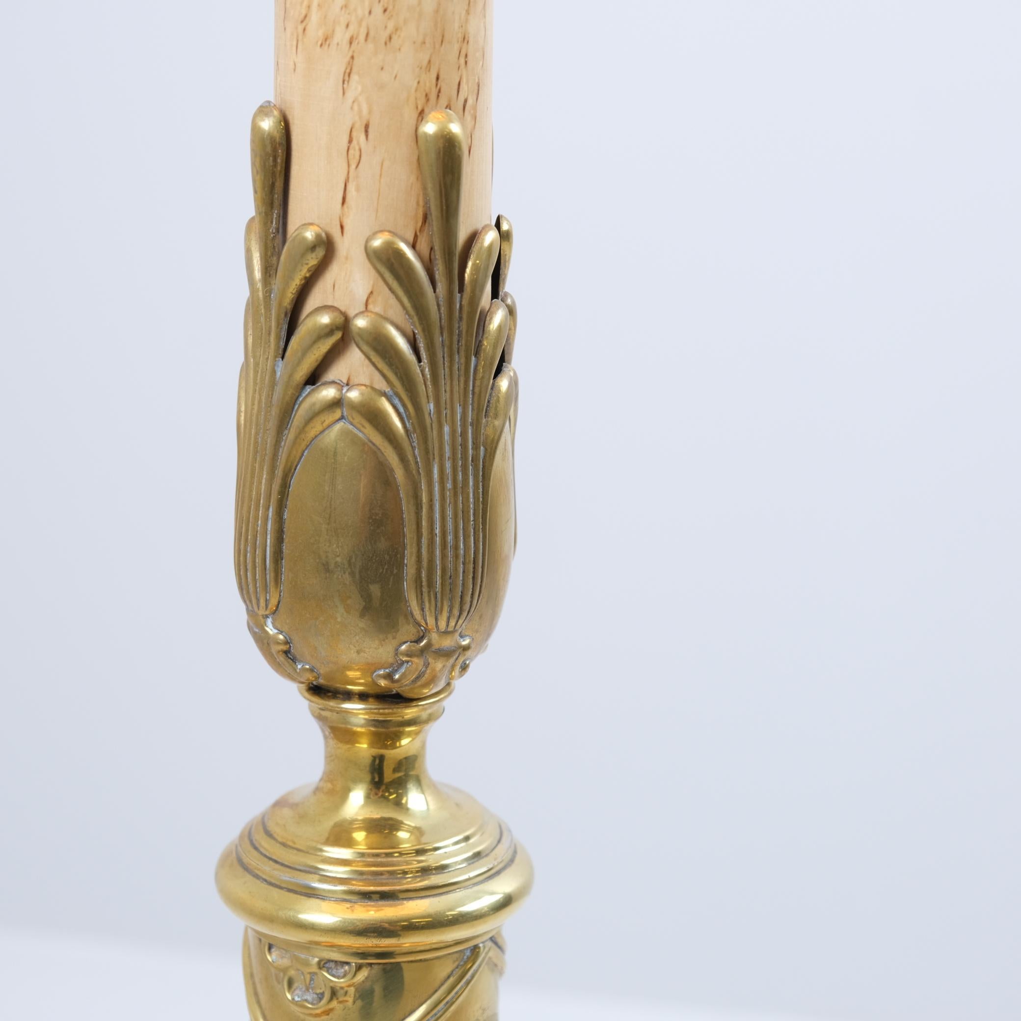 Mid-20th Century Monumental Floor Lamp Attributed to Paavo Tynell, Brass and Silver Curly Birch For Sale
