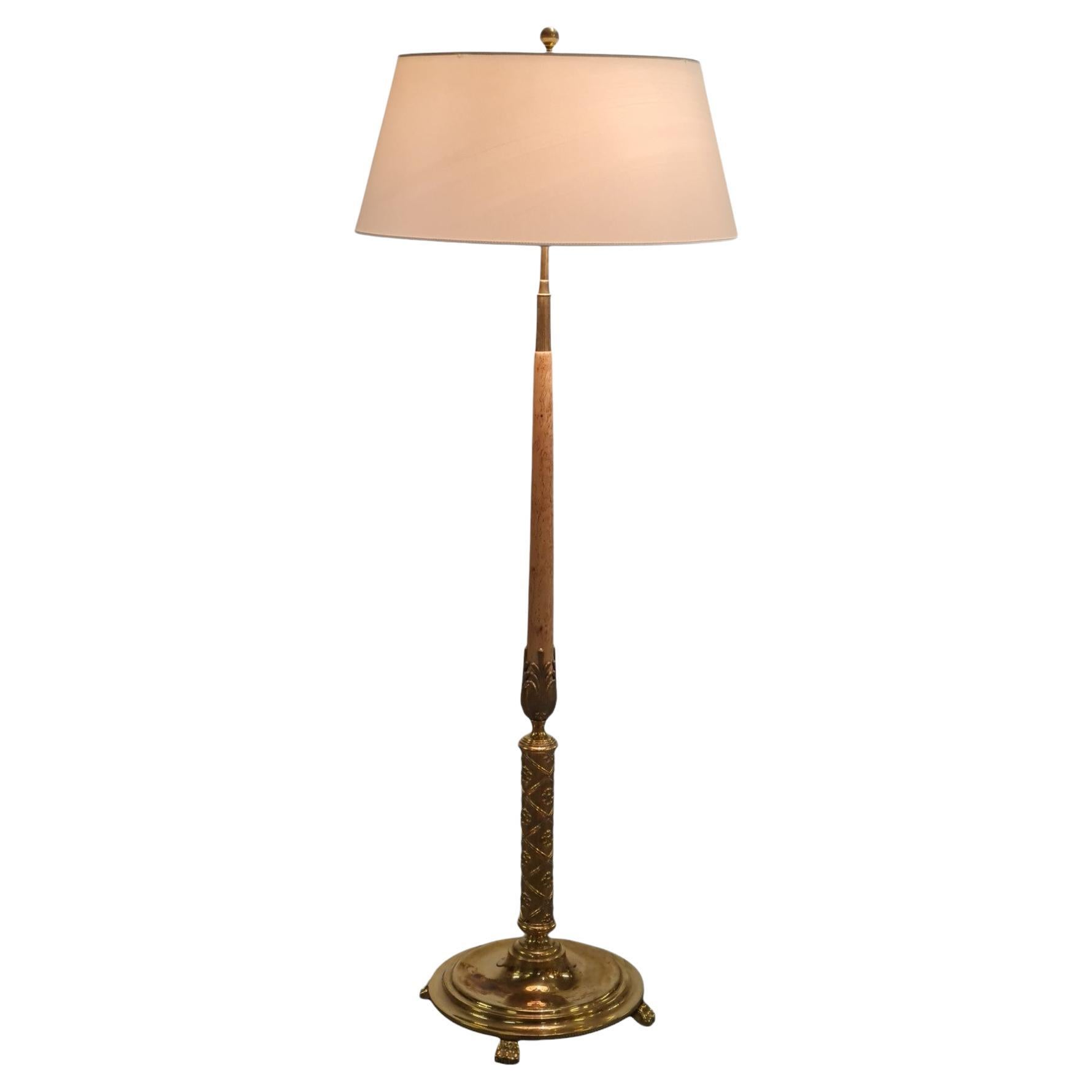 Monumental Floor Lamp Attributed to Paavo Tynell, Brass and Silver Curly Birch