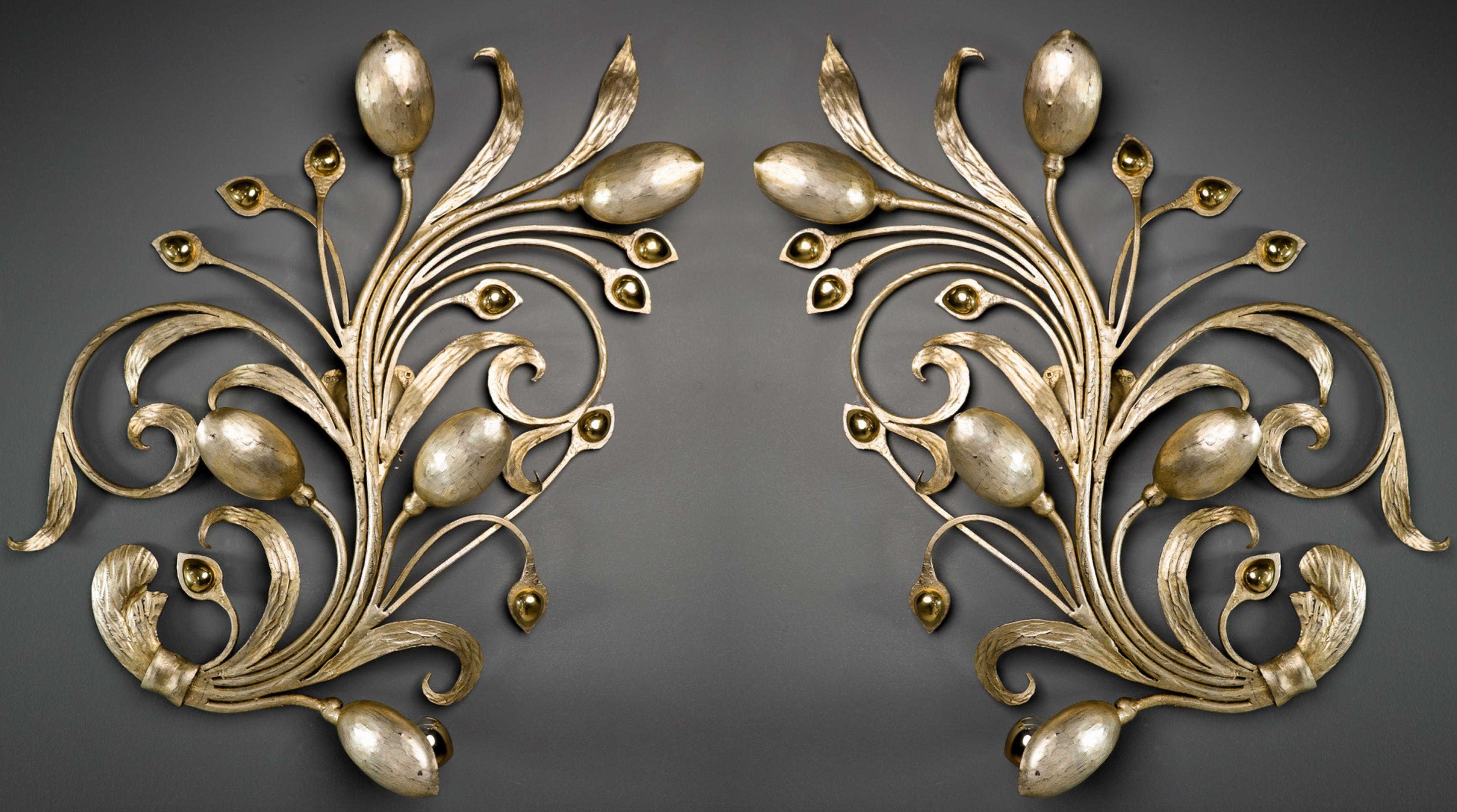 Pair of two monumental floral - leaf brass wall Lights / Sculptures by Hans Möller Made in Germany 1960s 

A pair of two monumental floral leaf brass wall lights / sculptures by Hans Möller, 1960s, Germany with high quality brass fixture and