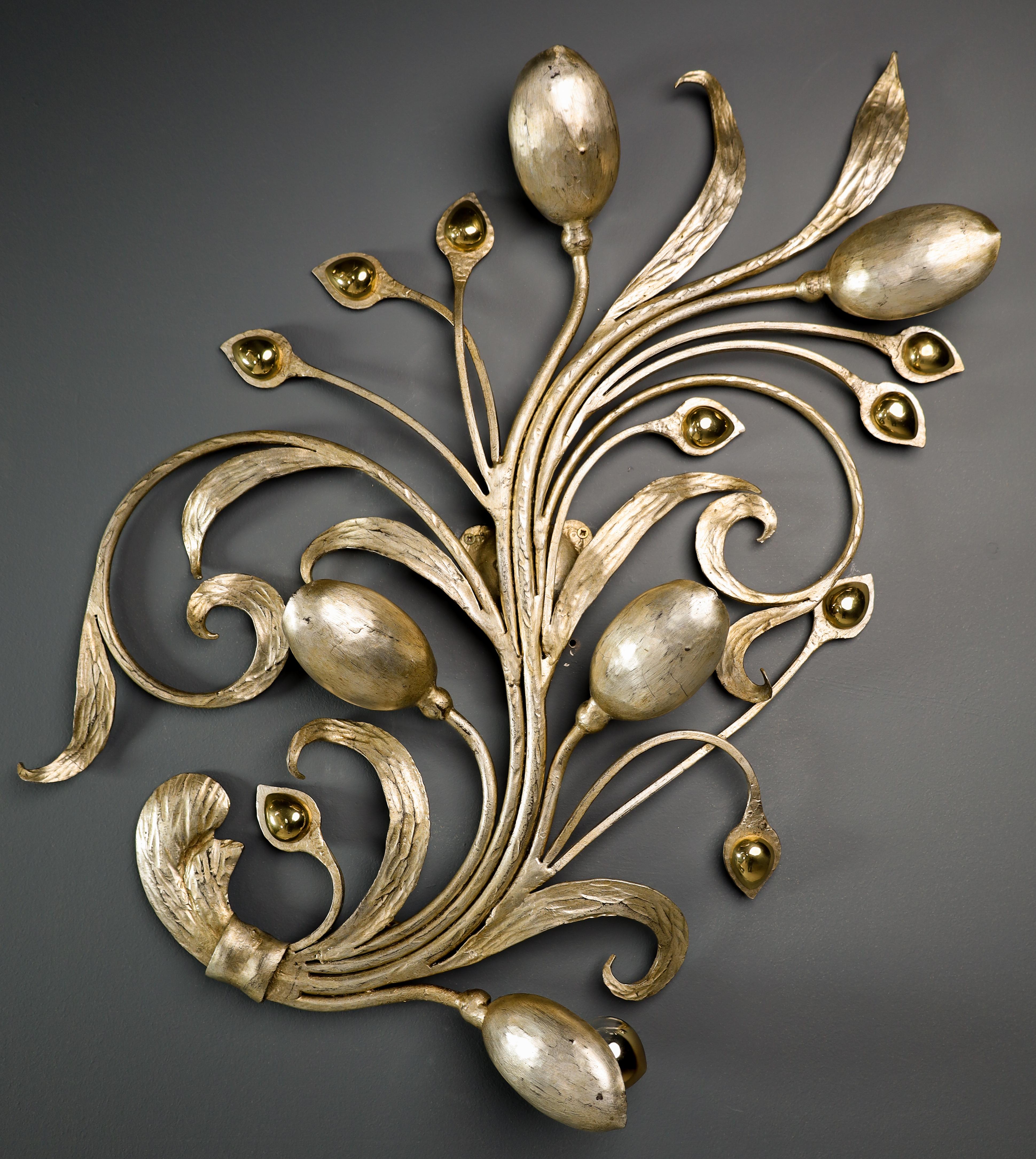Monumental Floral Leaf Brass Wall Lights / Sculptures by Hans Möller Germany '60 In Good Condition For Sale In Almelo, NL