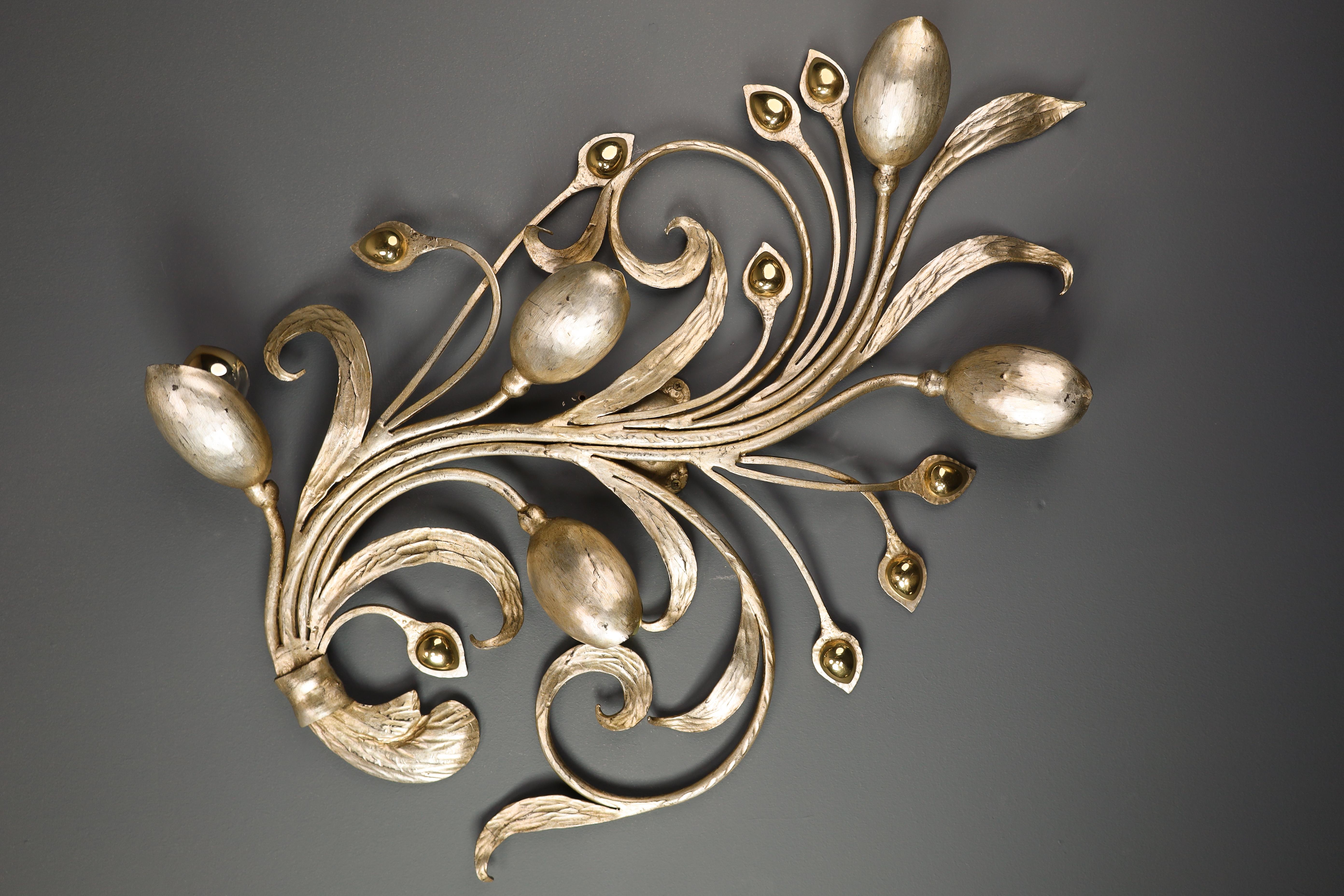 20th Century Monumental Floral Leaf Brass Wall Lights / Sculptures by Hans Möller Germany '60 For Sale