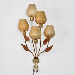Monumental floral mid century wall lamp with leafs, brass & glass, Sweden, 1940s