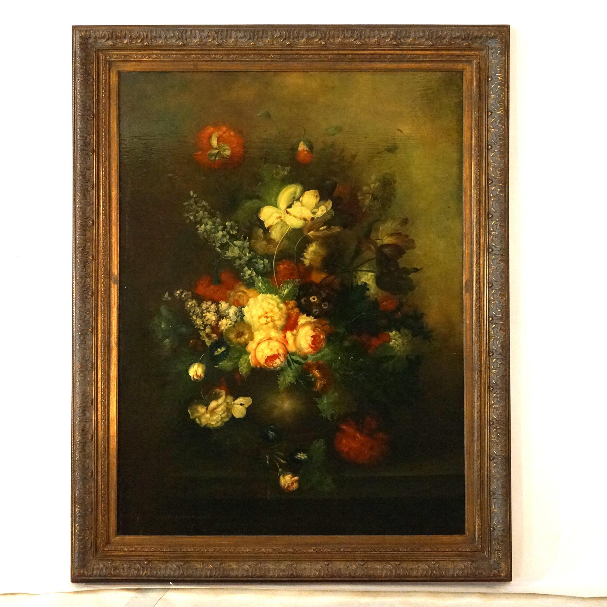***Ask About Our Lower In-House Shipping - Reliable, Competitive & Insured***
A monumental painting offers oil on canvas floral still life with table top urn having garden flower arrangement including poppies and peonies, 20th century

Measures -
