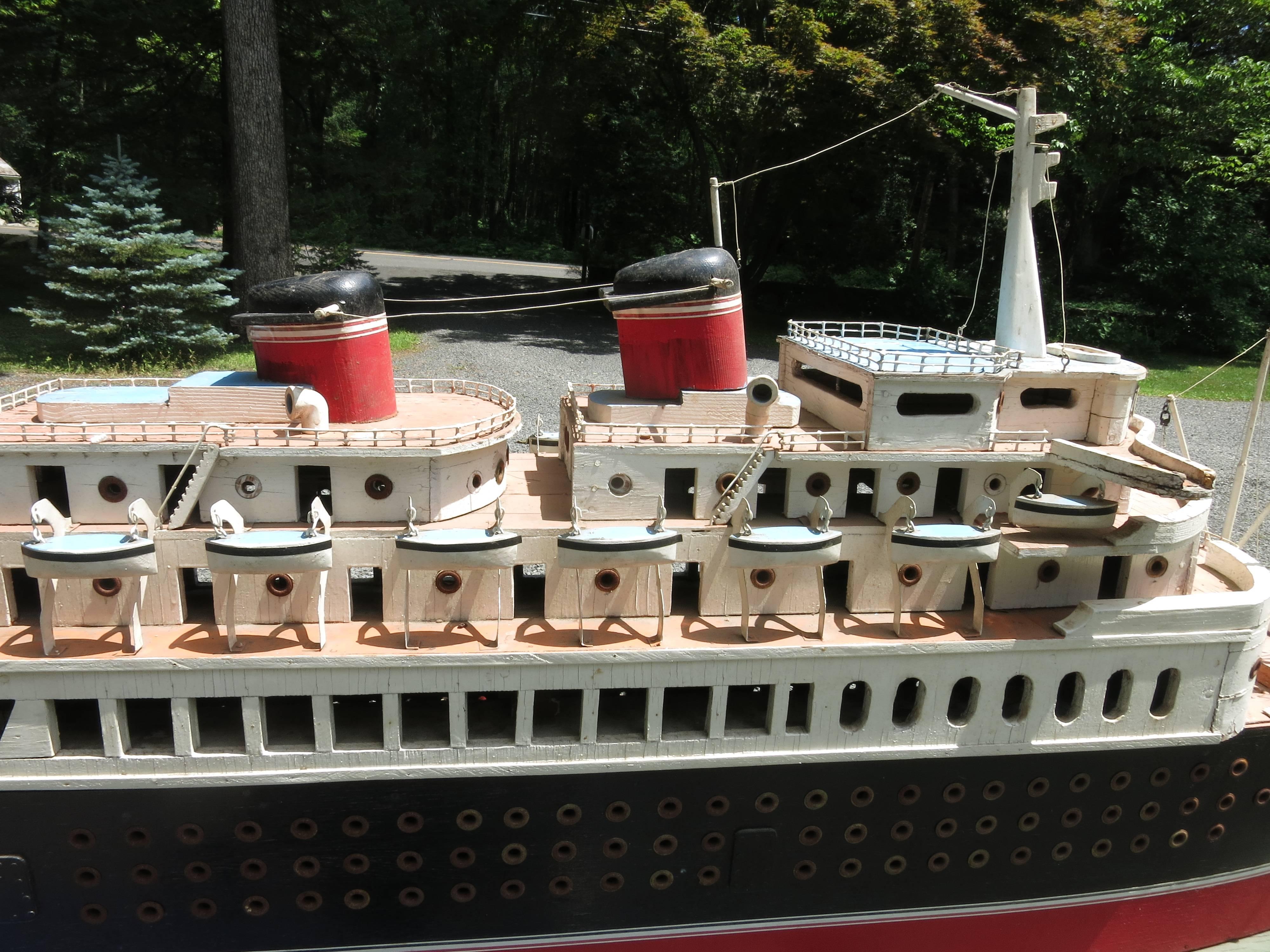 Monumental Folk Art Ocean Liner Hand Made Model In Good Condition For Sale In Newtown, CT