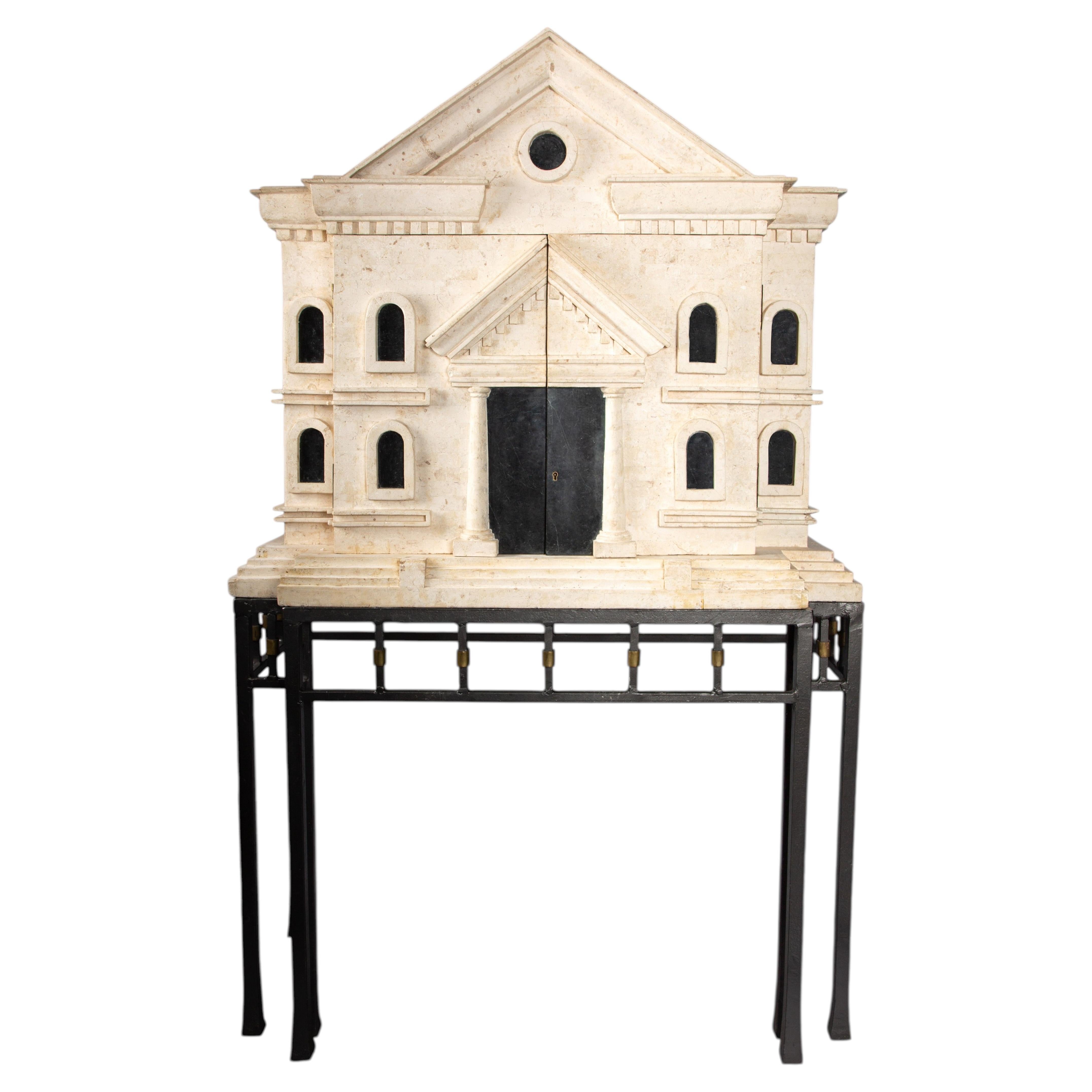 Monumental Fossil Stone and Black Marble Bar - Cabinet with Brass and Iron Base For Sale