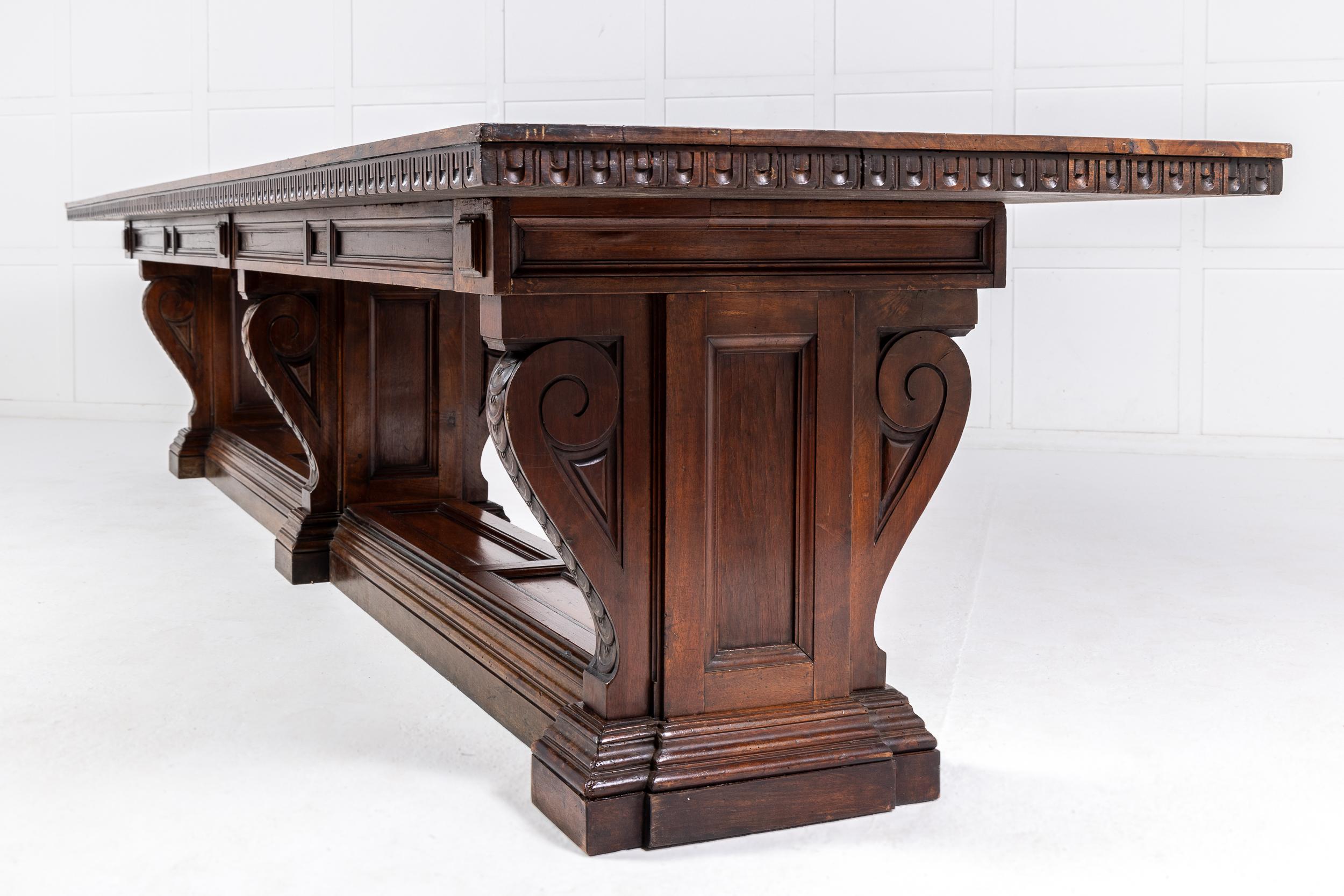 Monumental Four Metre 19th Century Italian Walnut Refectory Table For Sale 4