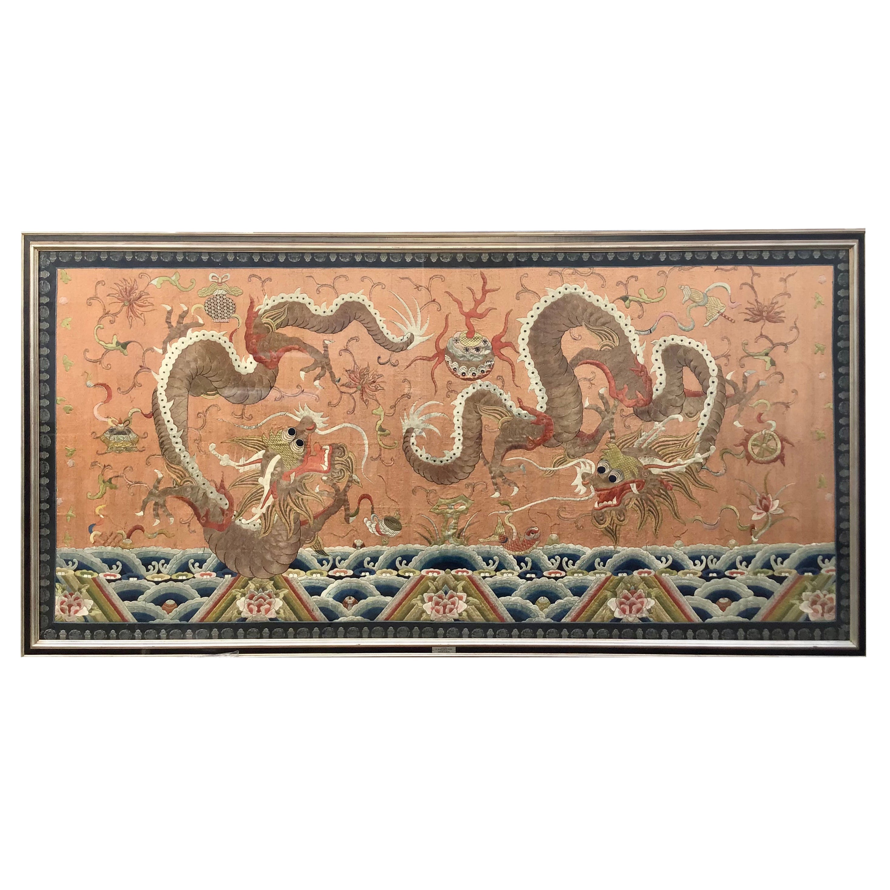 Monumental Framed Chinese Embroidery Dragon Tapestry