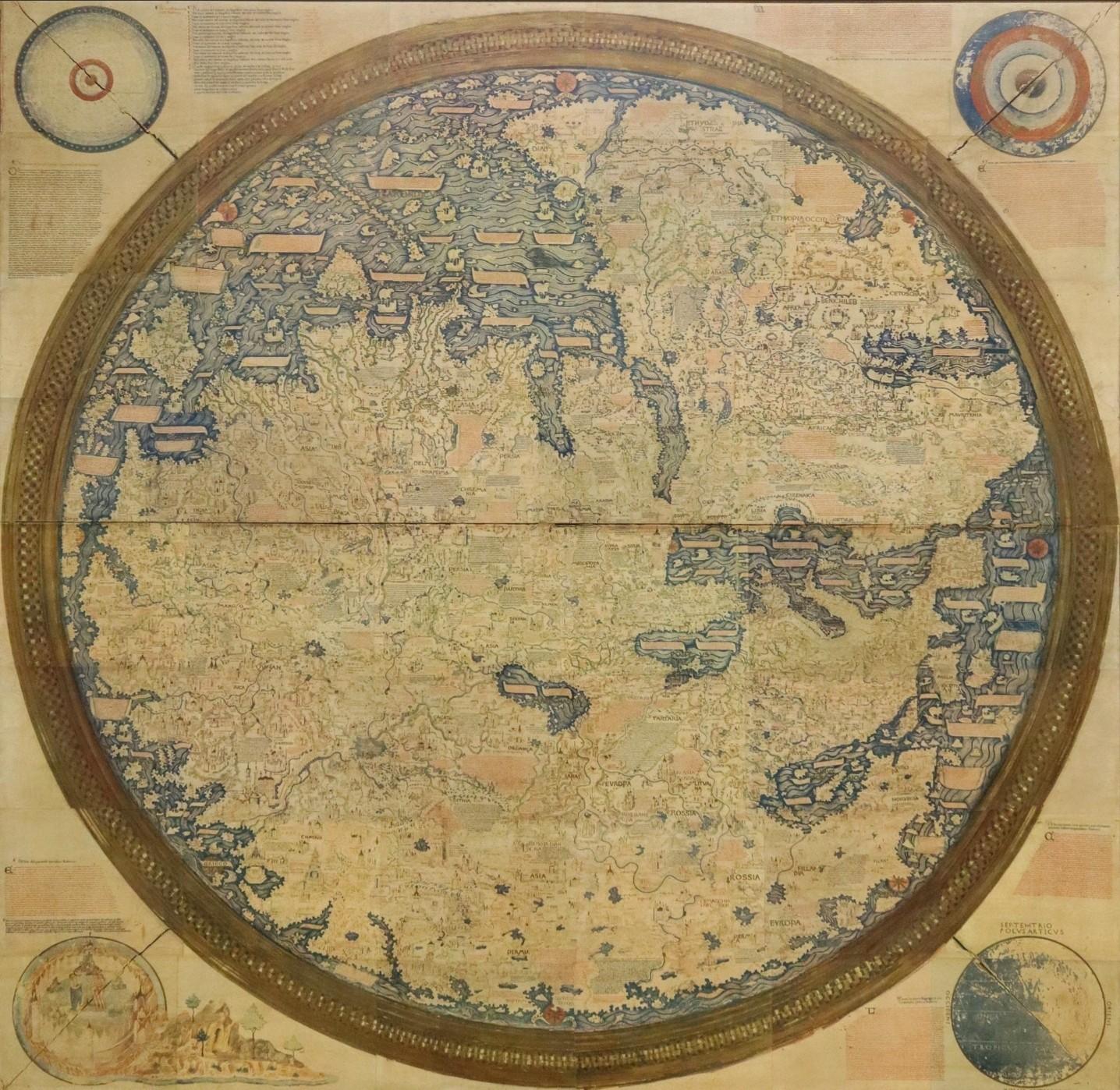 A remarkable palatial nearly 7.5ft x 7.5ft facsimile of the important Map of the World (circa 1450) by Fra MauroFra Mauro (Italian; circa 1400–1464), featuring a solid wood framed high-quality facsimile print on paper mounted to linen. Wooden frame