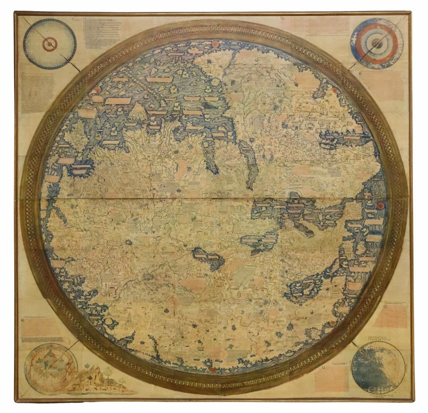 Monumental Framed Medieval Facsimile Map Of The World Fra Mauro Wood Wall Panel In Good Condition For Sale In Forney, TX