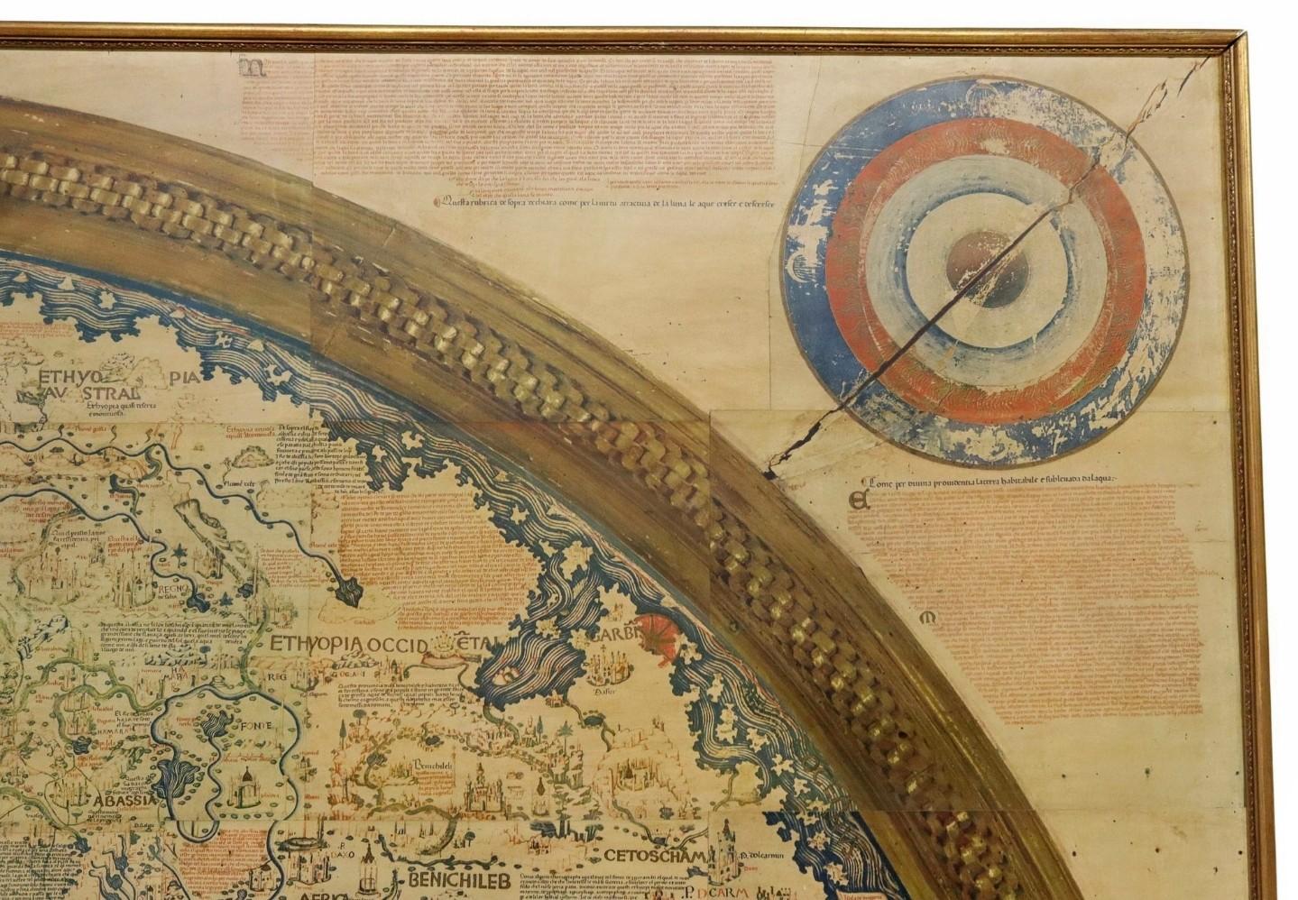 Monumental Framed Medieval Facsimile Map Of The World Fra Mauro Wood Wall Panel For Sale 1