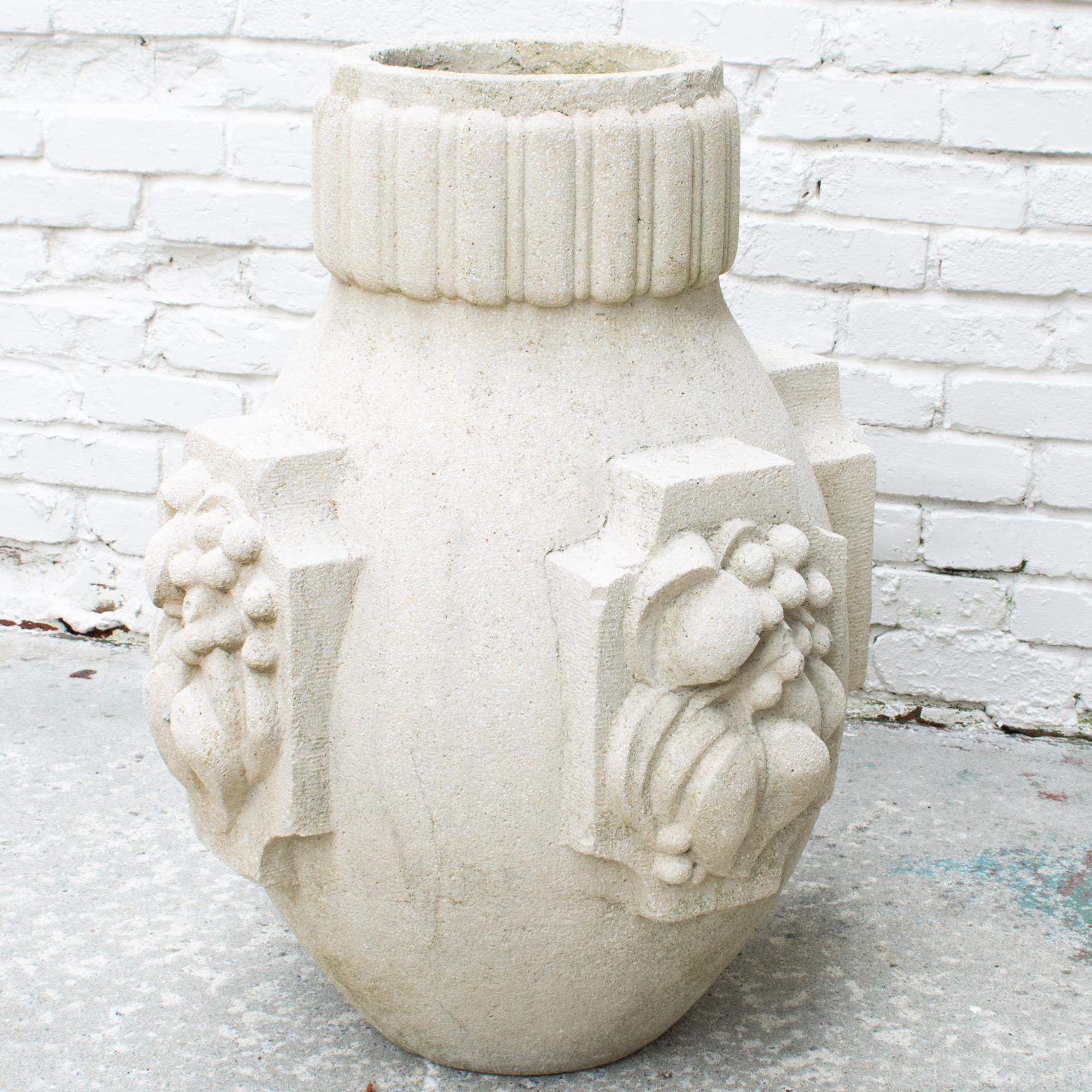 A rare monumental concrete planter or garden urn. This French Art Deco concrete jardiniere was reclaimed from the gardens of a mansion near Nice on the French Riviera. 
In the 1930s, concrete was a new, innovative, and avant-garde material that