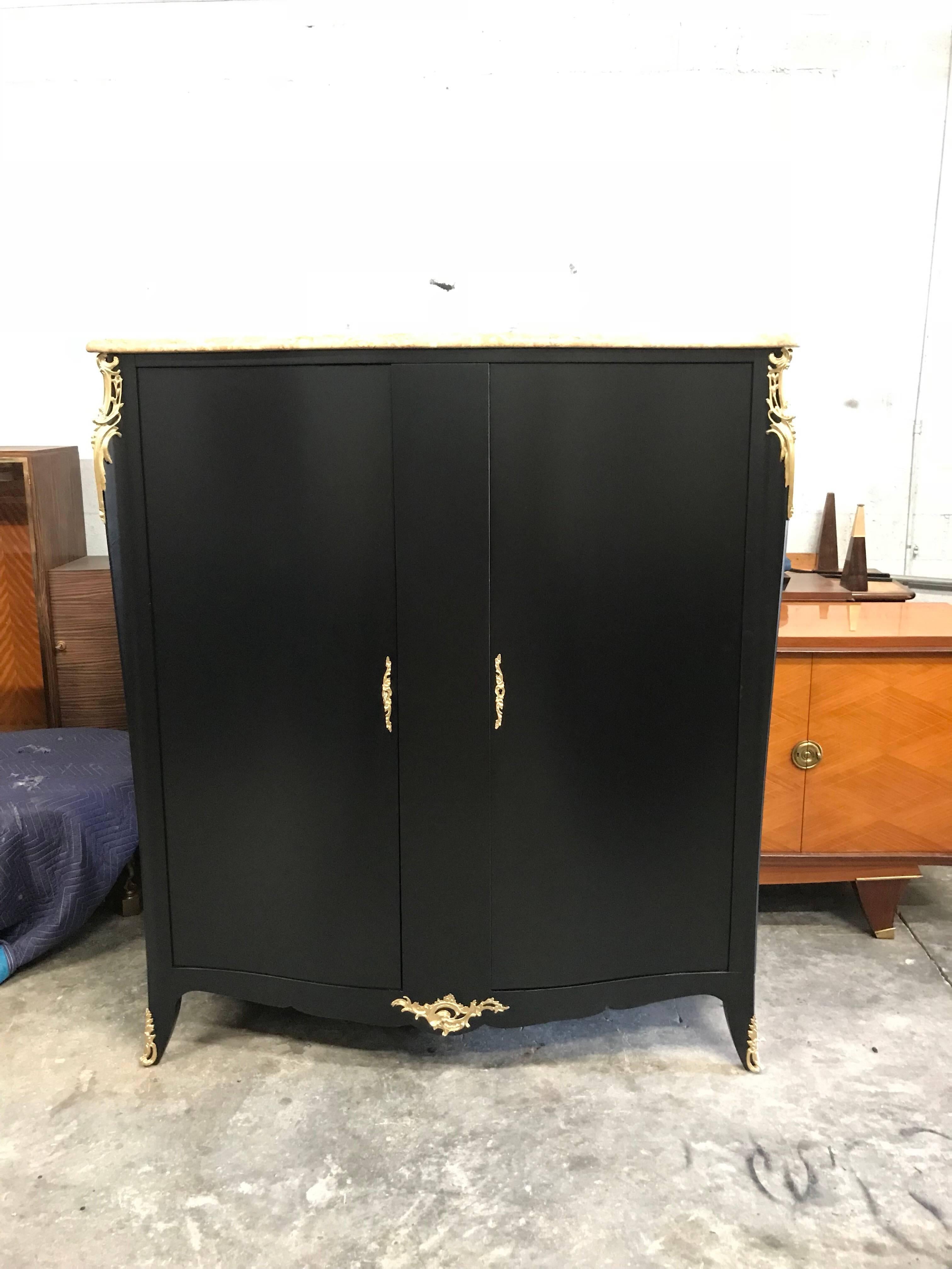 Monumental French Art Deco Ebonized Dry Bar Cabinet with Marble Top, 1940s In Excellent Condition In Hialeah, FL