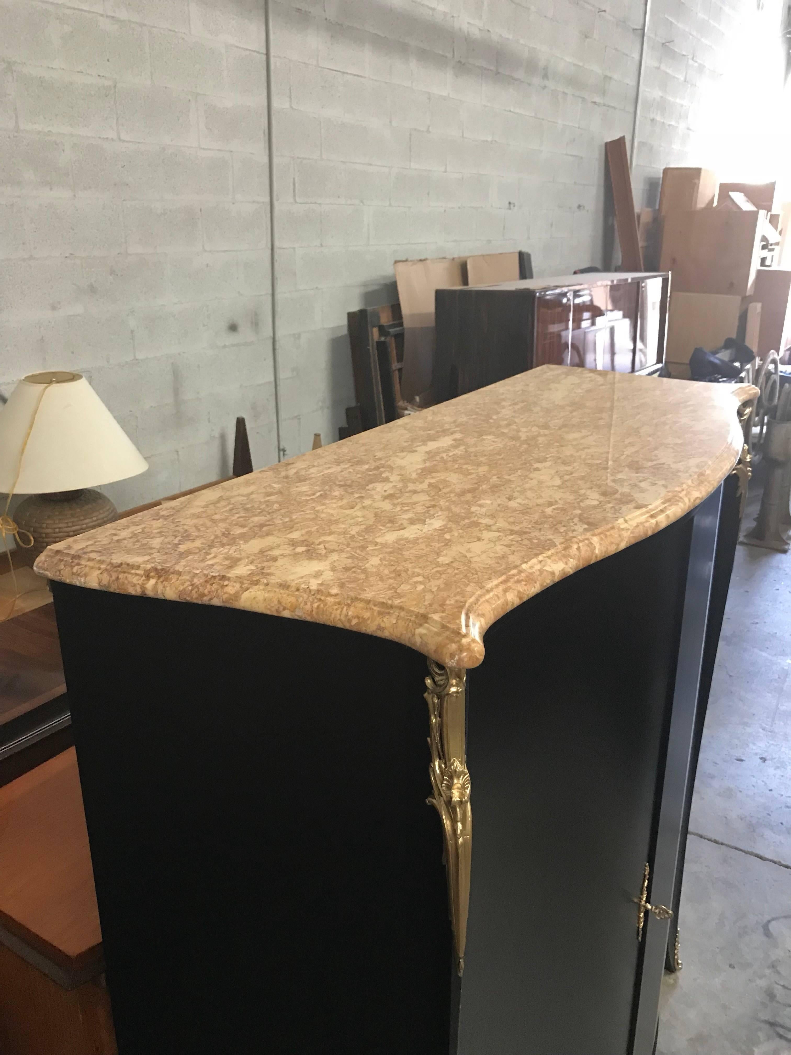 Mid-20th Century Monumental French Art Deco Ebonized Dry Bar Cabinet with Marble Top, 1940s For Sale