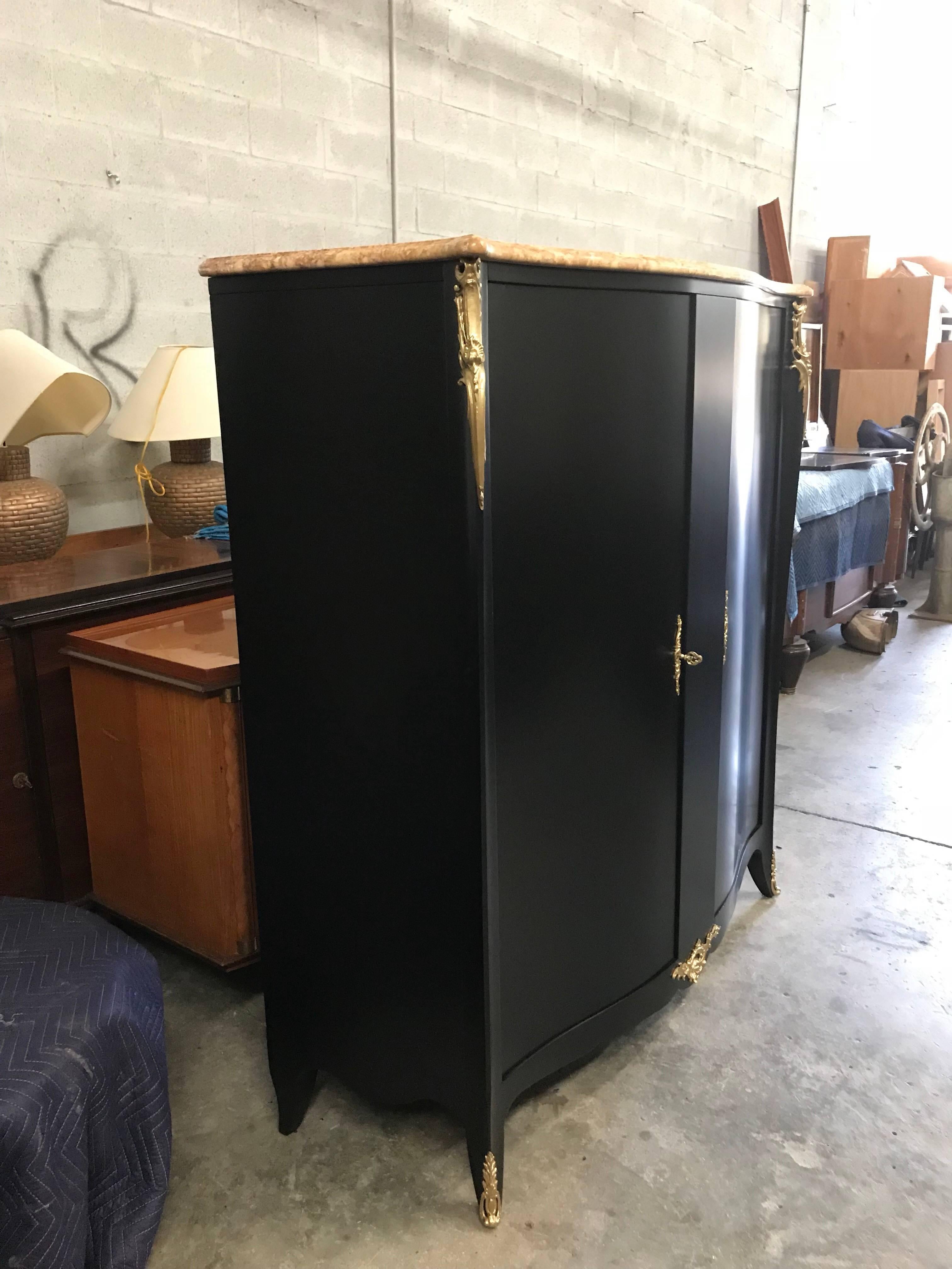 Bronze Monumental French Art Deco Ebonized Dry Bar Cabinet with Marble Top, 1940s For Sale