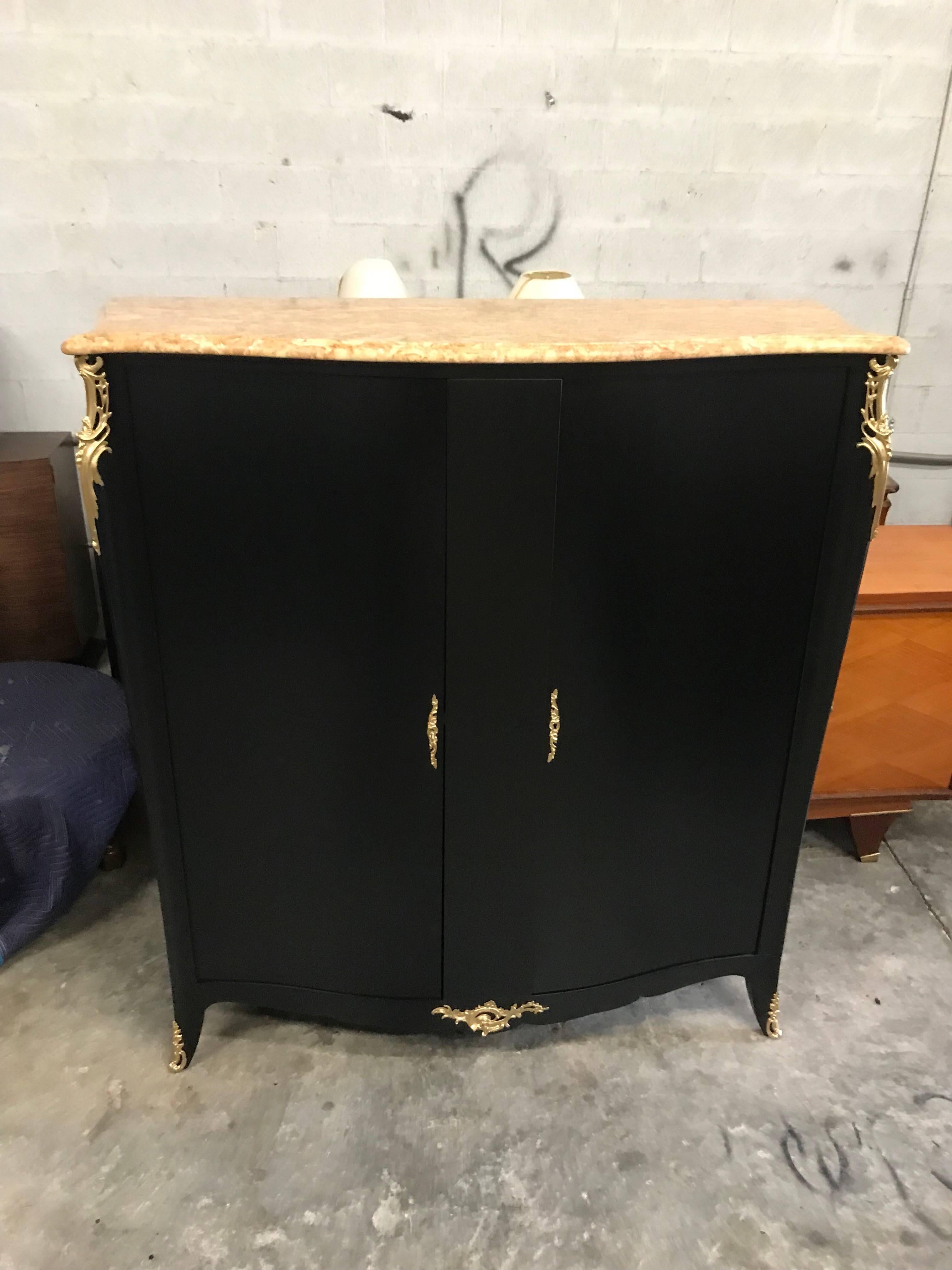 Monumental French Art Deco Ebonized Dry Bar Cabinet with Marble Top, 1940s 1